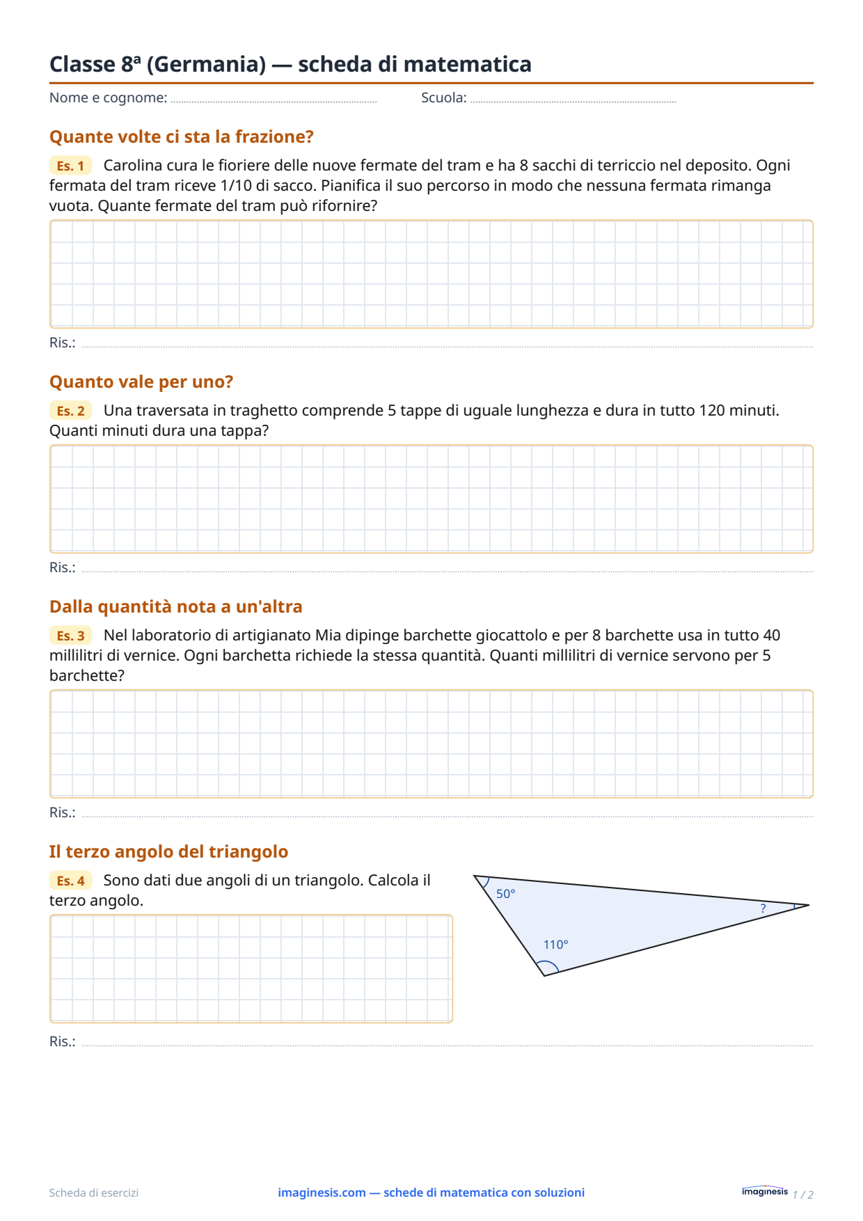Classe 8ª (Germania) — scheda di matematica — Scheda dello studente: scheda di matematica da stampare (Classe 8ª, Germania)