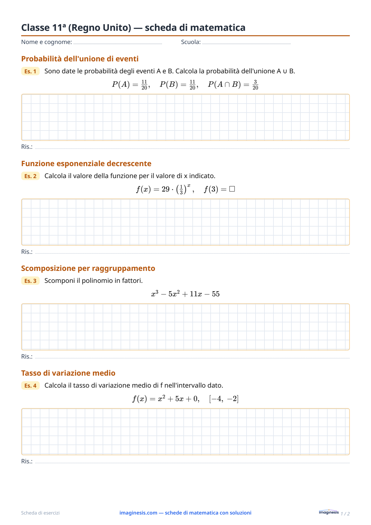 Classe 11ª (Regno Unito) — scheda di matematica — Scheda dello studente: scheda di matematica da stampare (Classe 11ª, Regno Unito)