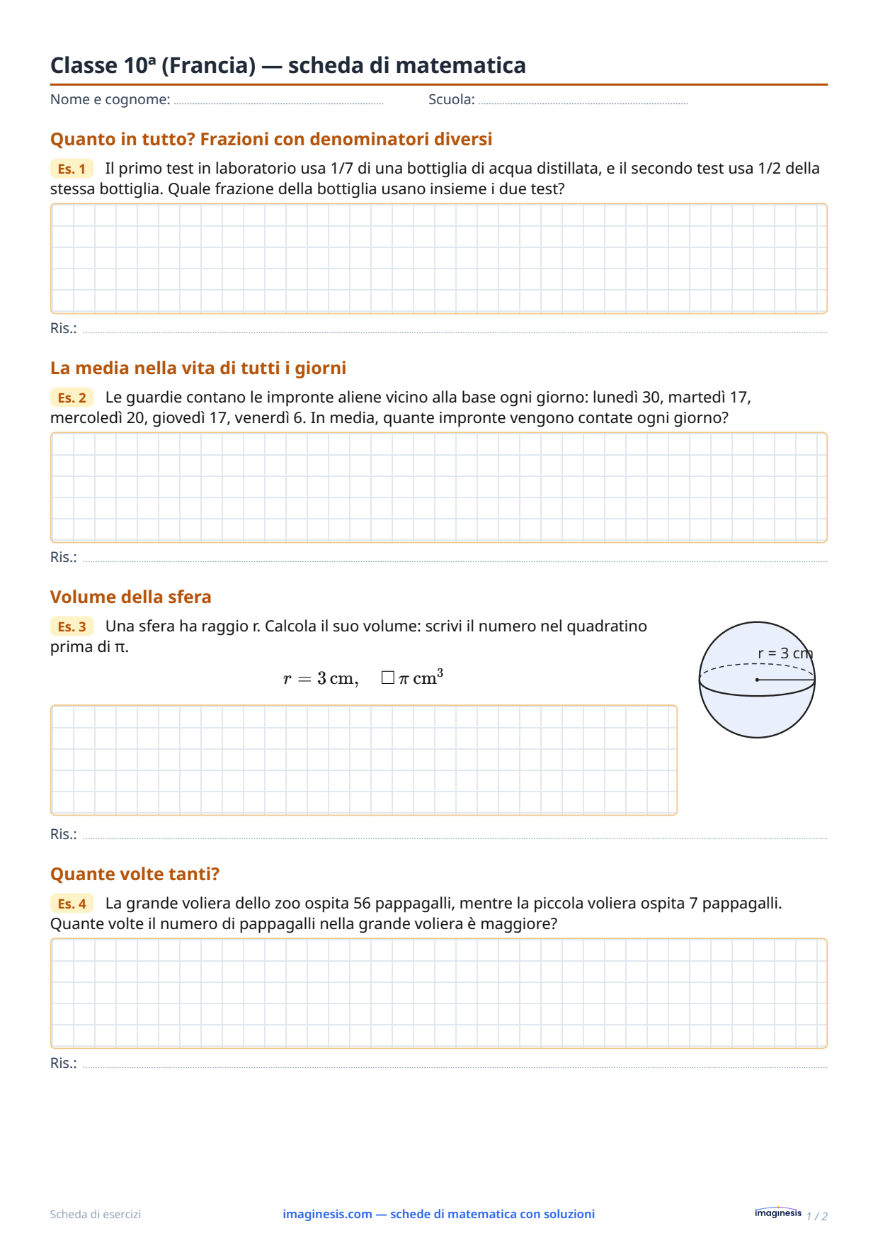 Classe 10ª (Francia) — scheda di matematica — Scheda dello studente: scheda di matematica da stampare (Classe 10ª, Francia)