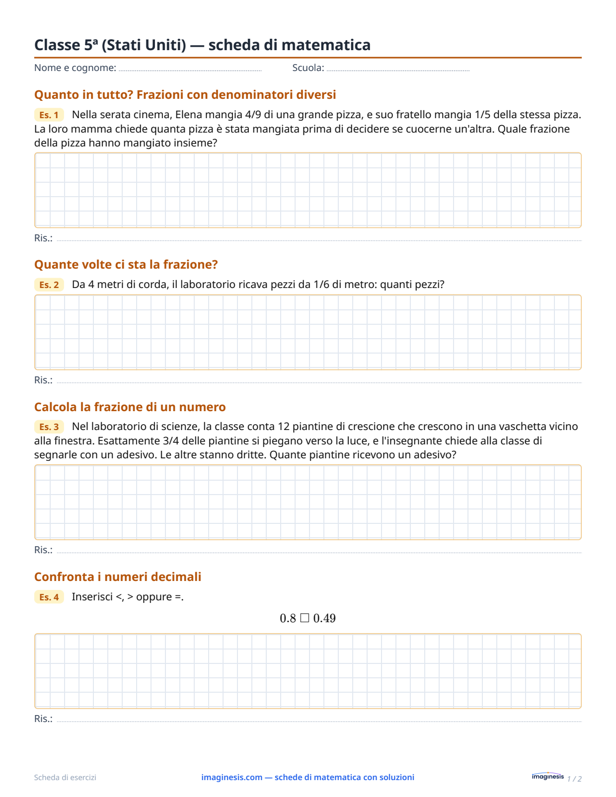 Classe 5ª (Stati Uniti) — scheda di matematica — Scheda dello studente: scheda di matematica da stampare (Classe 5ª, Stati Uniti)