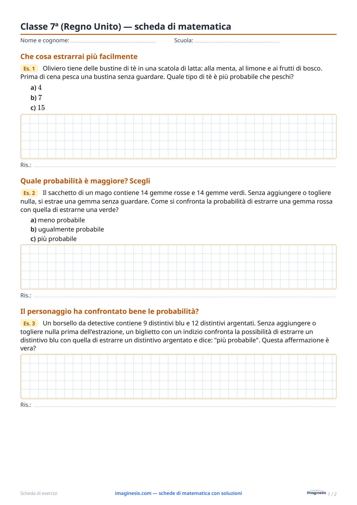 Classe 7ª (Regno Unito) — scheda di matematica — Scheda dello studente: scheda di matematica da stampare (Classe 7ª, Regno Unito)