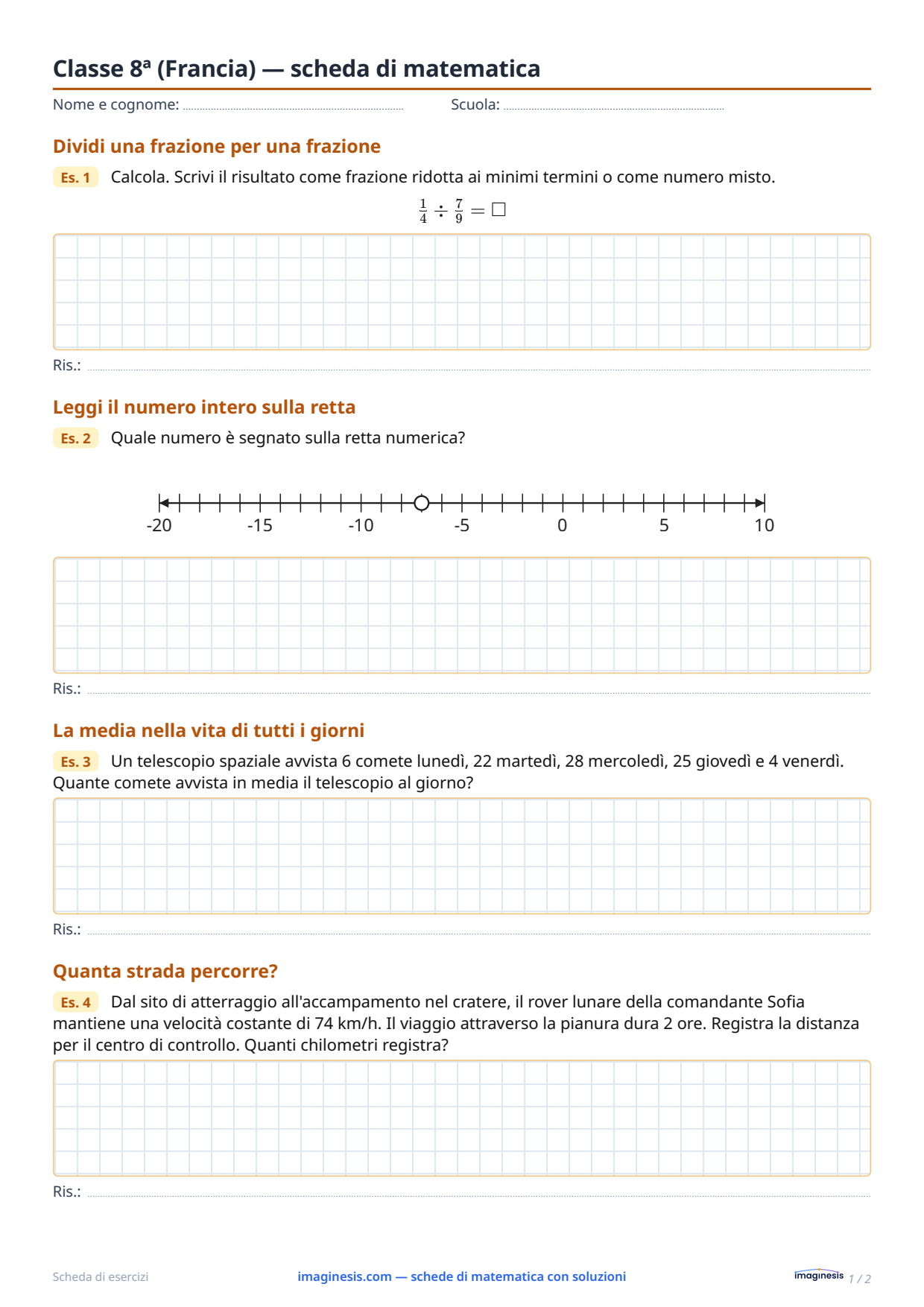 Classe 8ª (Francia) — scheda di matematica — Scheda dello studente: scheda di matematica da stampare (Classe 8ª, Francia)