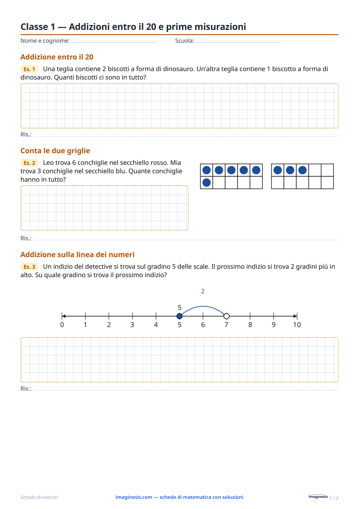 Classe 1 — Addizioni entro il 20 e prime misurazioni — Scheda dello studente: scheda di matematica da stampare (Classe 1ª, Germania)