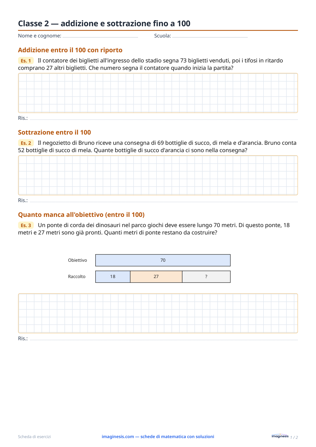 Classe 2 — addizione e sottrazione fino a 100 — Scheda dello studente: scheda di matematica da stampare (Classe 2ª, Polonia)