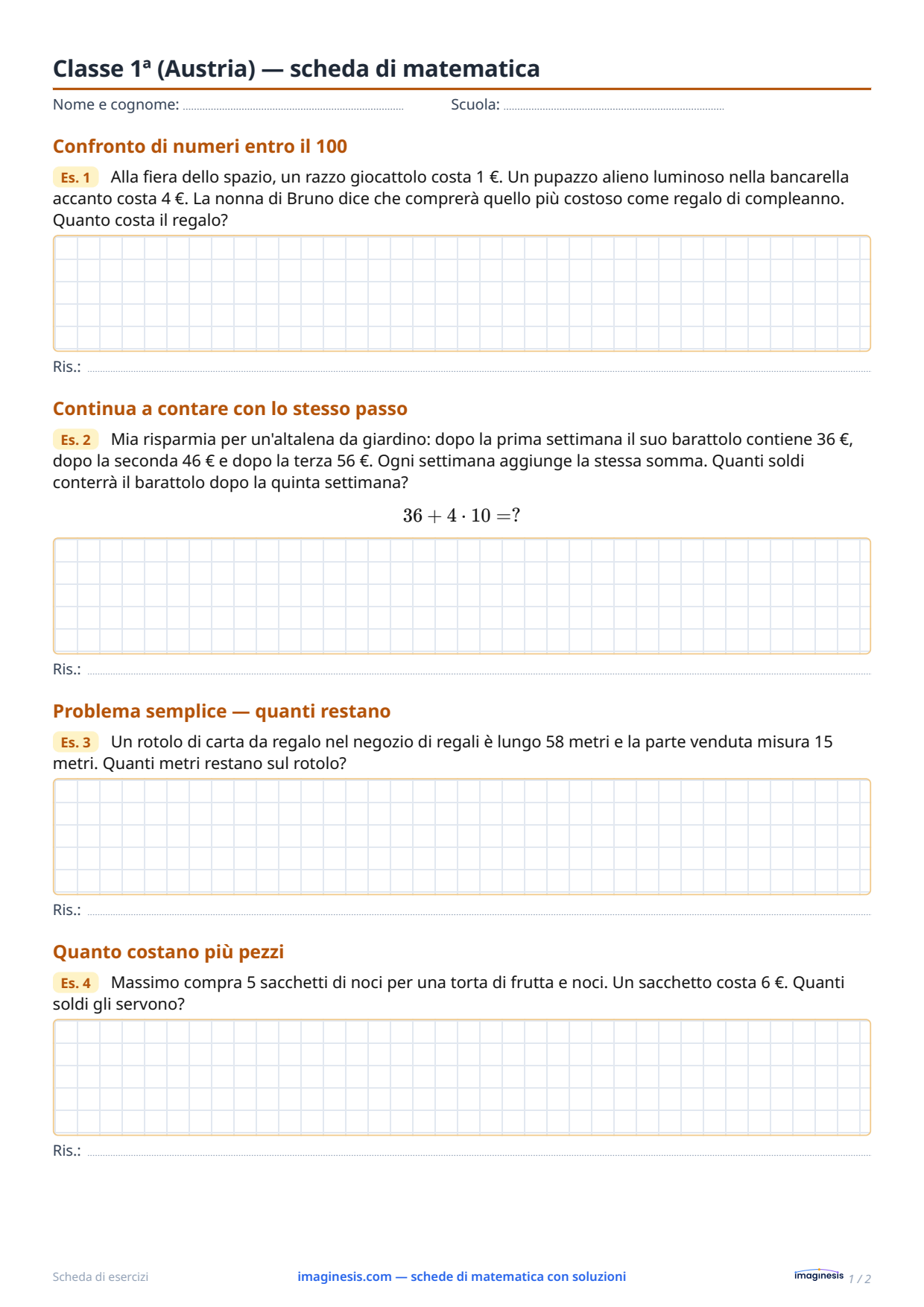 Classe 1ª (Austria) — scheda di matematica — Scheda dello studente: scheda di matematica da stampare (Classe 1ª, Austria)