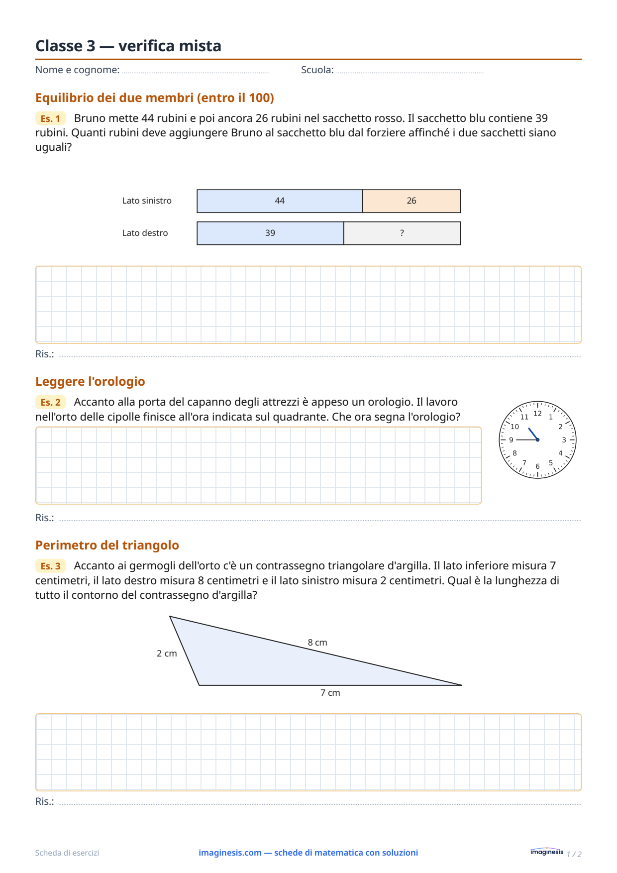 Classe 3 — verifica mista — Scheda dello studente: scheda di matematica da stampare (Classe 3ª, Polonia)