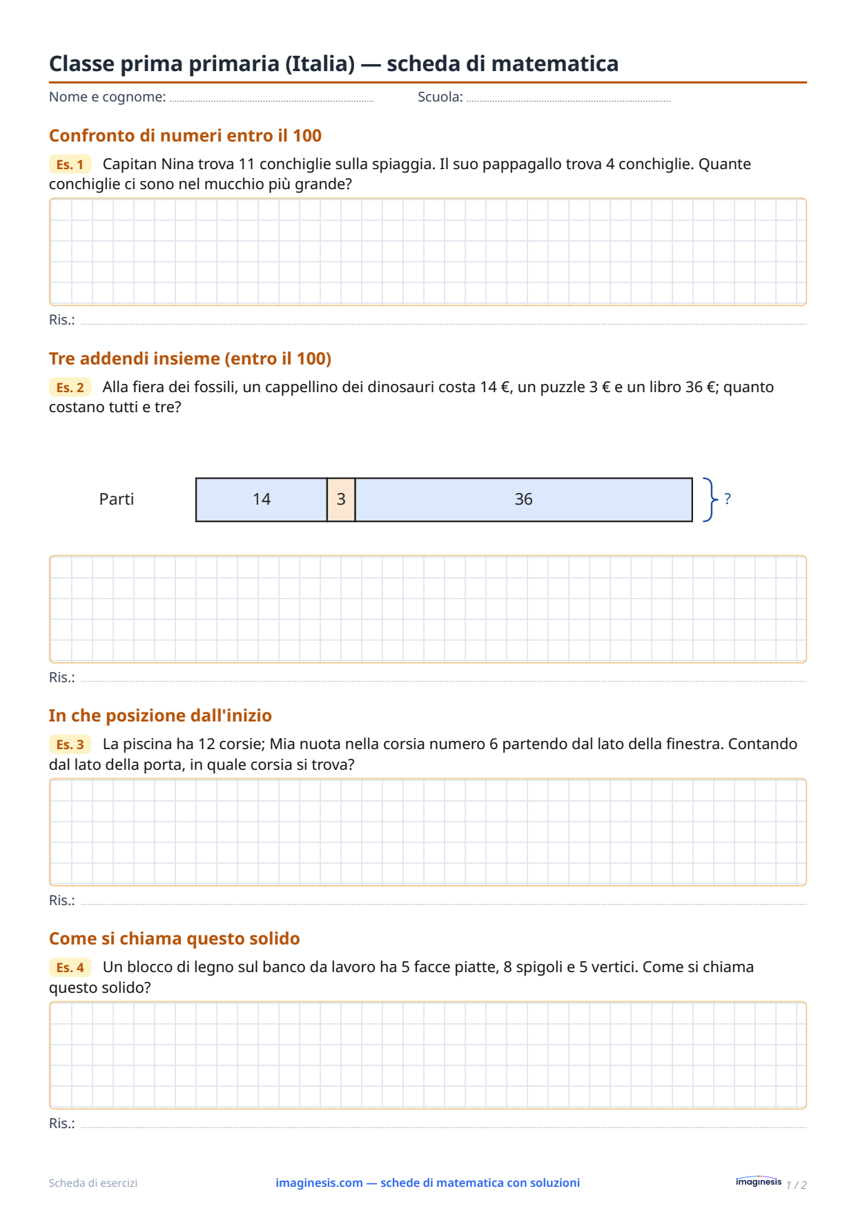 Classe prima primaria (Italia) — scheda di matematica — Scheda dello studente: scheda di matematica da stampare (Classe prima primaria, Italia)