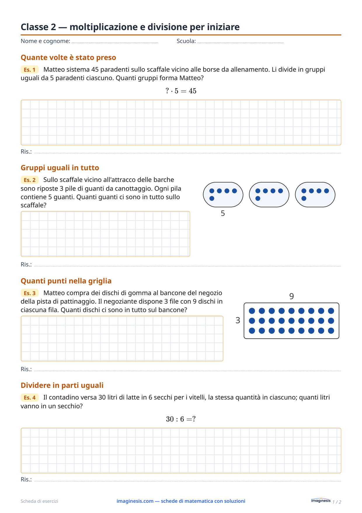 Classe 2 — moltiplicazione e divisione per iniziare — Scheda dello studente: scheda di matematica da stampare (Classe 2ª, Polonia)