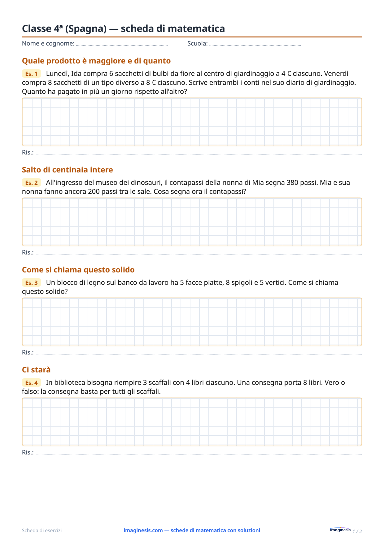 Classe 4ª (Spagna) — scheda di matematica — Scheda dello studente: scheda di matematica da stampare (Classe 4ª, Spagna)
