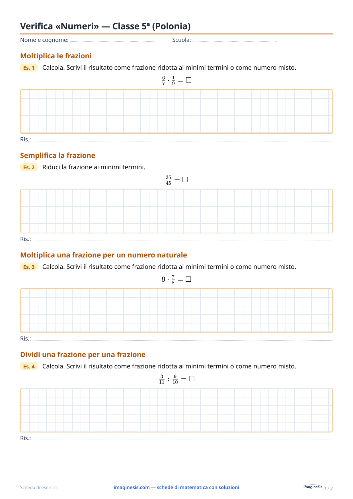 Verifica «Numeri» — Classe 5ª (Polonia) — Scheda dello studente: scheda di matematica da stampare (Classe 5ª, Polonia)