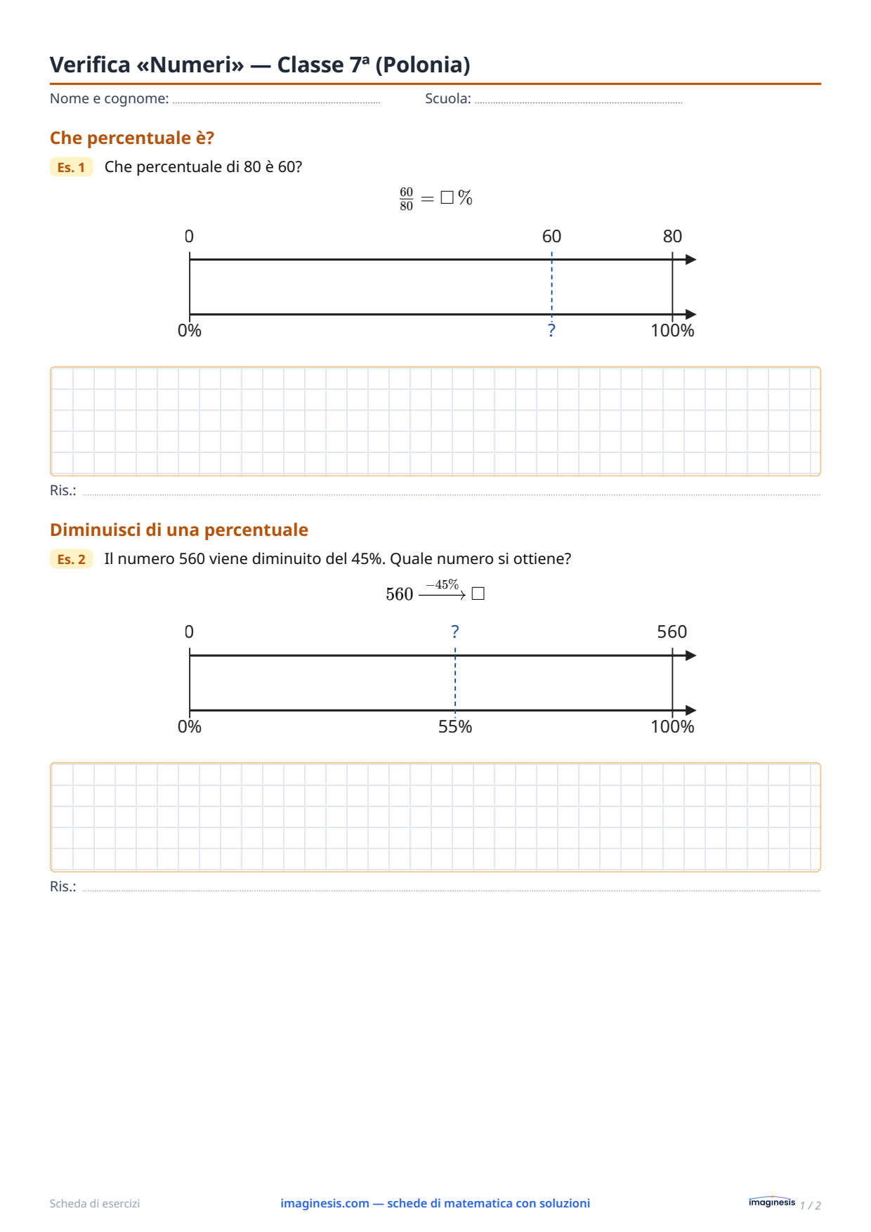 Verifica «Numeri» — Classe 7ª (Polonia) — Scheda dello studente: scheda di matematica da stampare (Classe 7ª, Polonia)