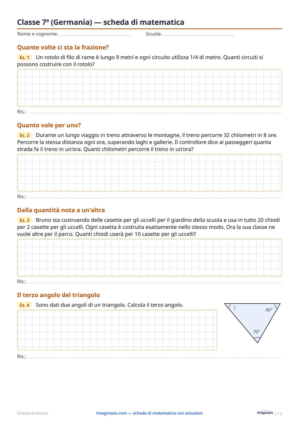 Classe 7ª (Germania) — scheda di matematica — Scheda dello studente: scheda di matematica da stampare (Classe 7ª, Germania)
