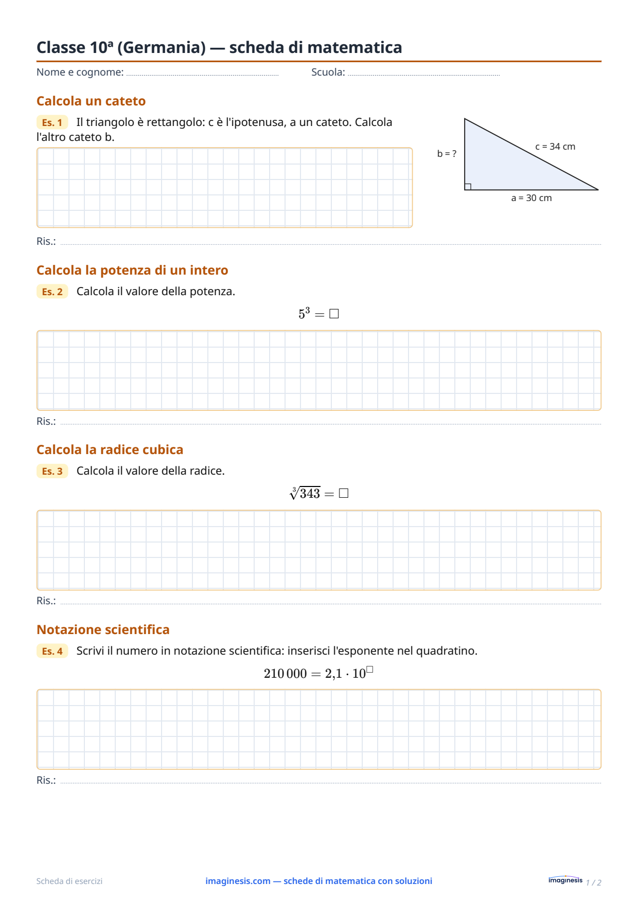 Classe 10ª (Germania) — scheda di matematica — Scheda dello studente: scheda di matematica da stampare (Classe 10ª, Germania)