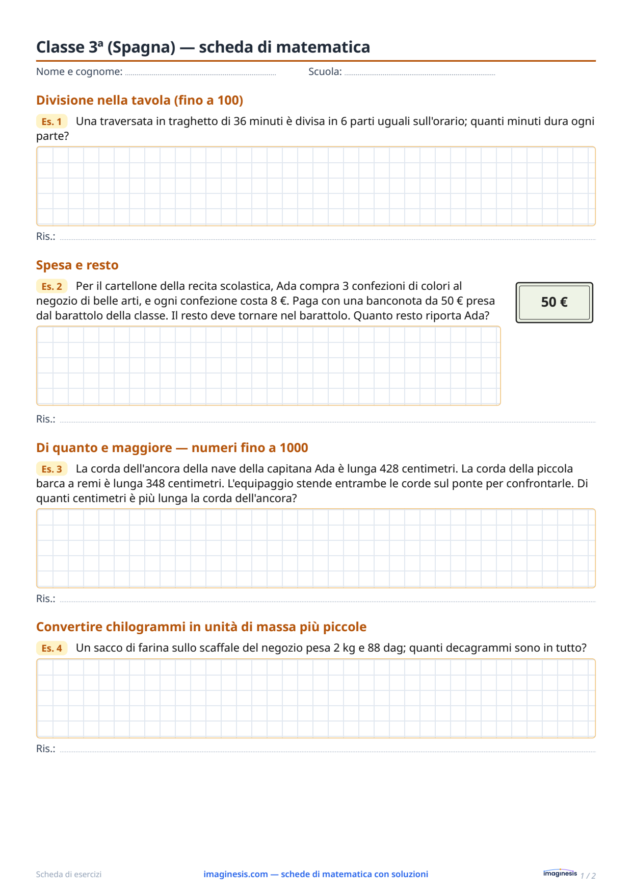 Classe 3ª (Spagna) — scheda di matematica — Scheda dello studente: scheda di matematica da stampare (Classe 3ª, Spagna)