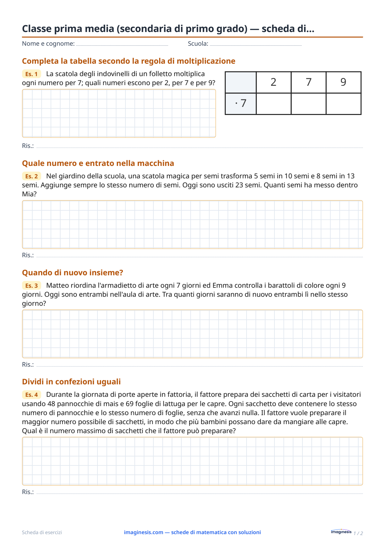 Classe prima media (secondaria di primo grado) — scheda di… — Scheda dello studente: scheda di matematica da stampare (Classe prima media (secondaria di primo grado), Italia)