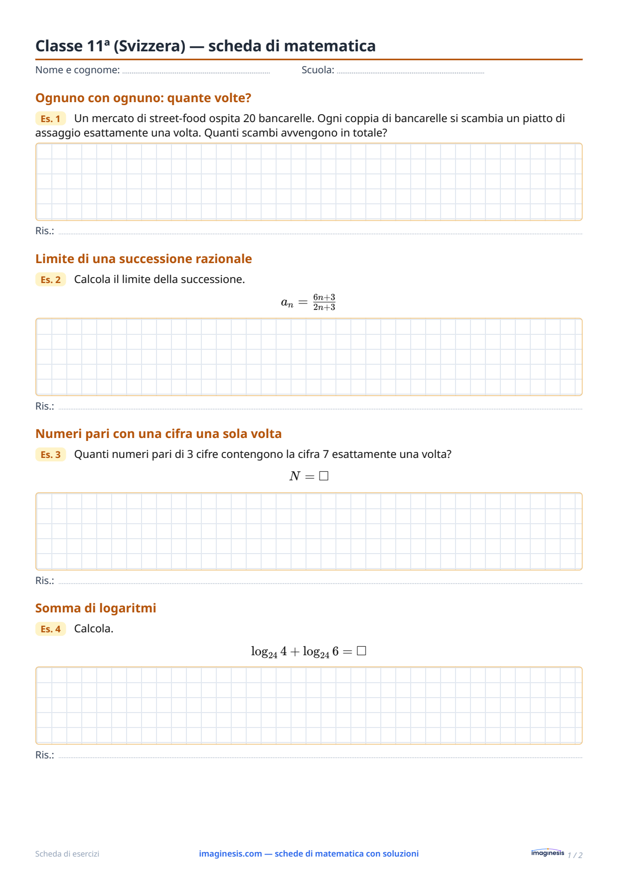 Classe 11ª (Svizzera) — scheda di matematica — Scheda dello studente: scheda di matematica da stampare (Classe 11ª, Svizzera)