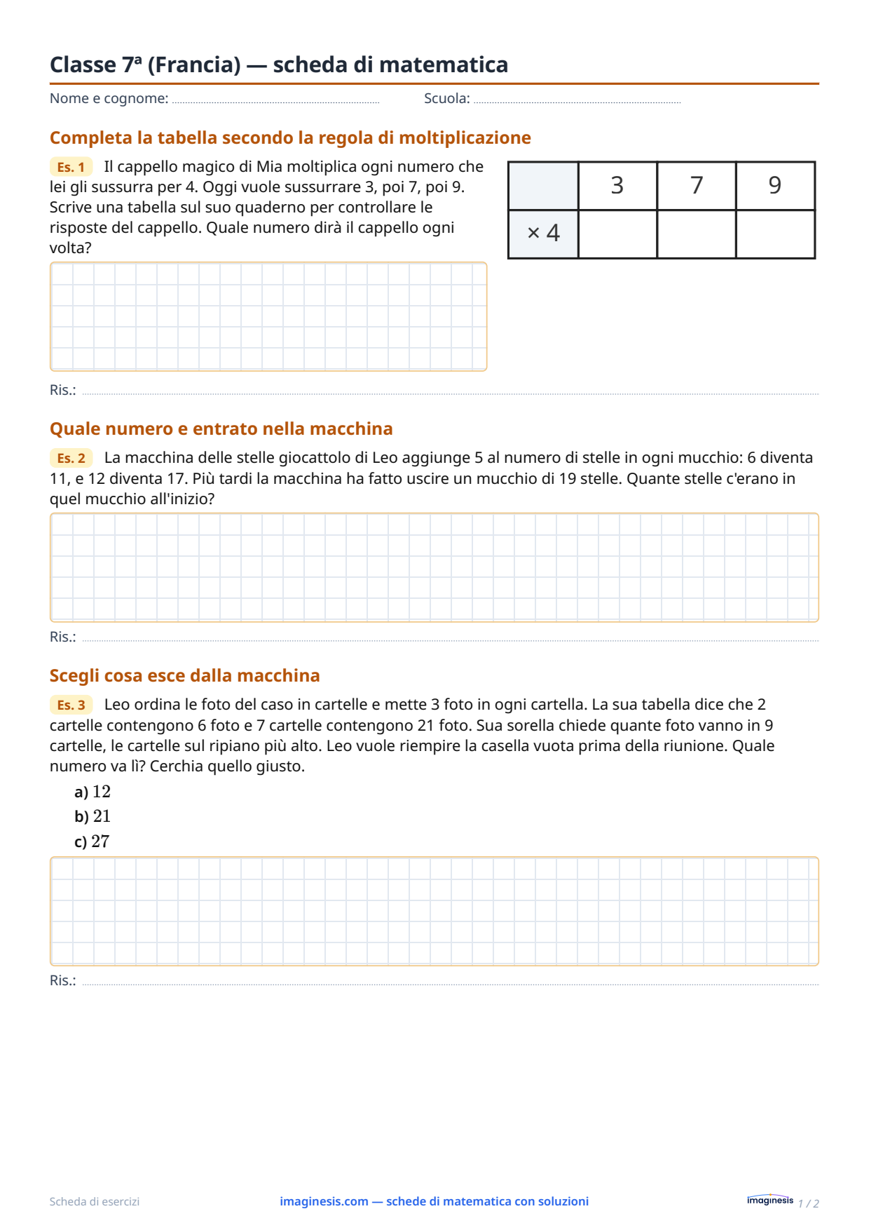 Classe 7ª (Francia) — scheda di matematica — Scheda dello studente: scheda di matematica da stampare (Classe 7ª, Francia)