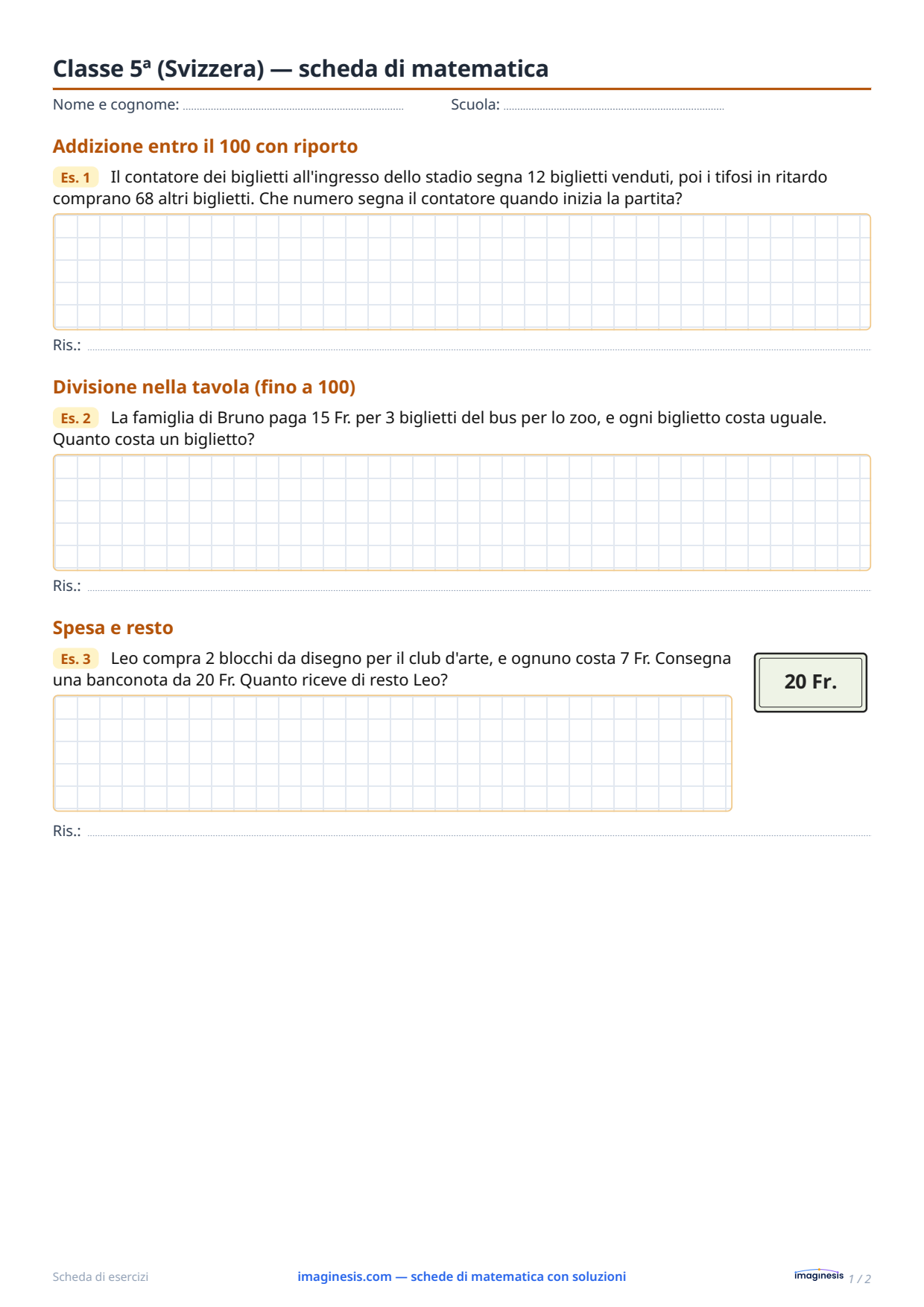 Classe 5ª (Svizzera) — scheda di matematica — Scheda dello studente: scheda di matematica da stampare (Classe 5ª, Svizzera)