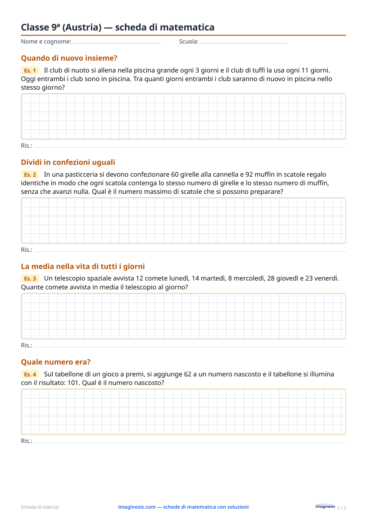 Classe 9ª (Austria) — scheda di matematica — Scheda dello studente: scheda di matematica da stampare (Classe 9ª, Austria)