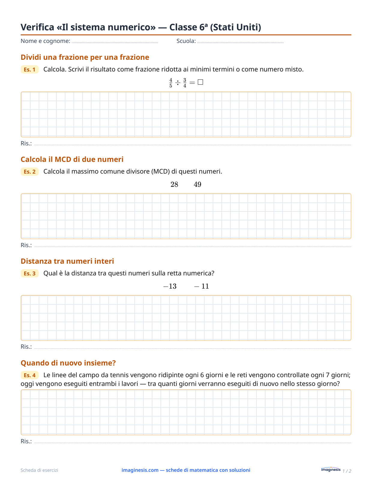 Verifica «Il sistema numerico» — Classe 6ª (Stati Uniti) — Scheda dello studente: scheda di matematica da stampare (Classe 6ª, Stati Uniti)