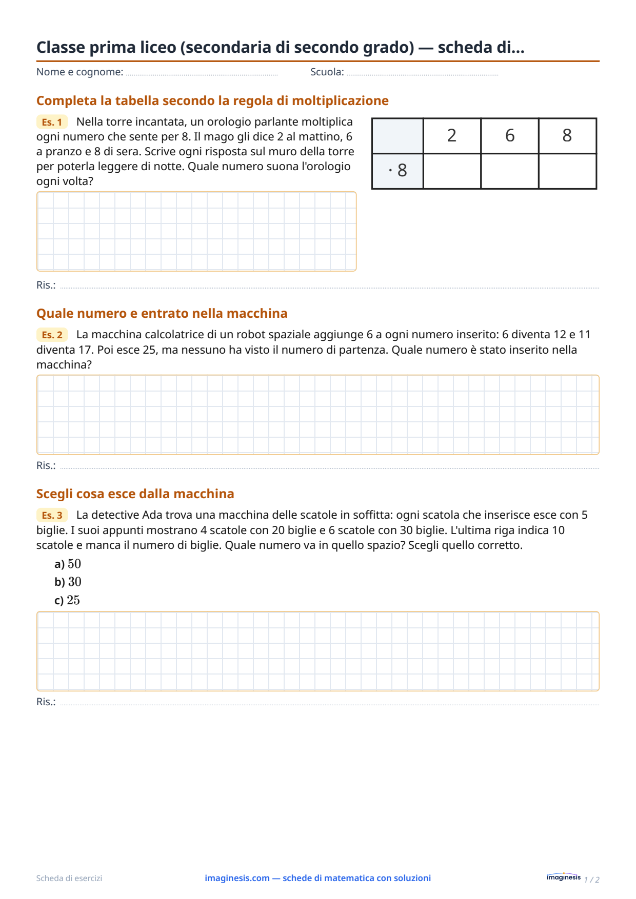 Classe prima liceo (secondaria di secondo grado) — scheda di… — Scheda dello studente: scheda di matematica da stampare (Classe prima liceo (secondaria di secondo grado), Italia)