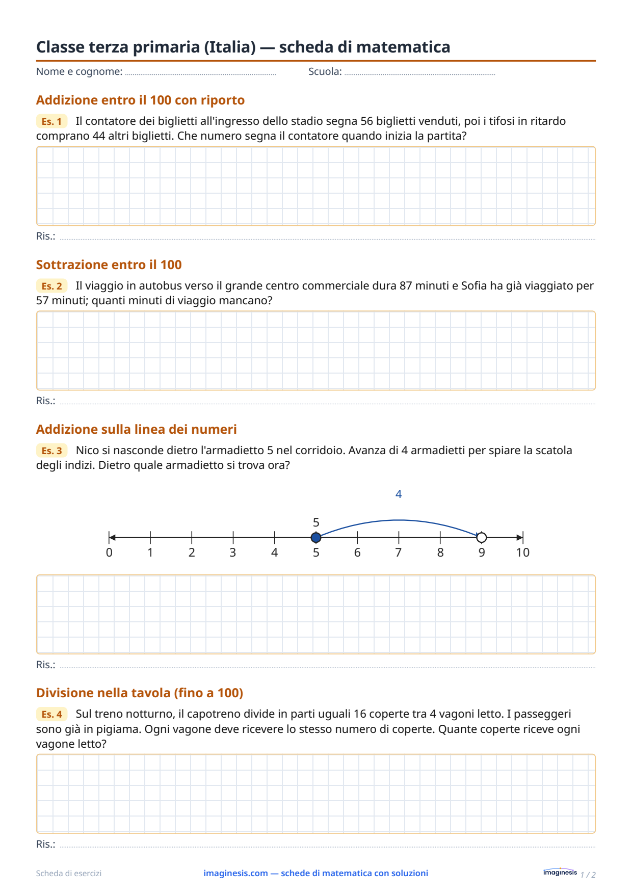 Classe terza primaria (Italia) — scheda di matematica — Scheda dello studente: scheda di matematica da stampare (Classe terza primaria, Italia)