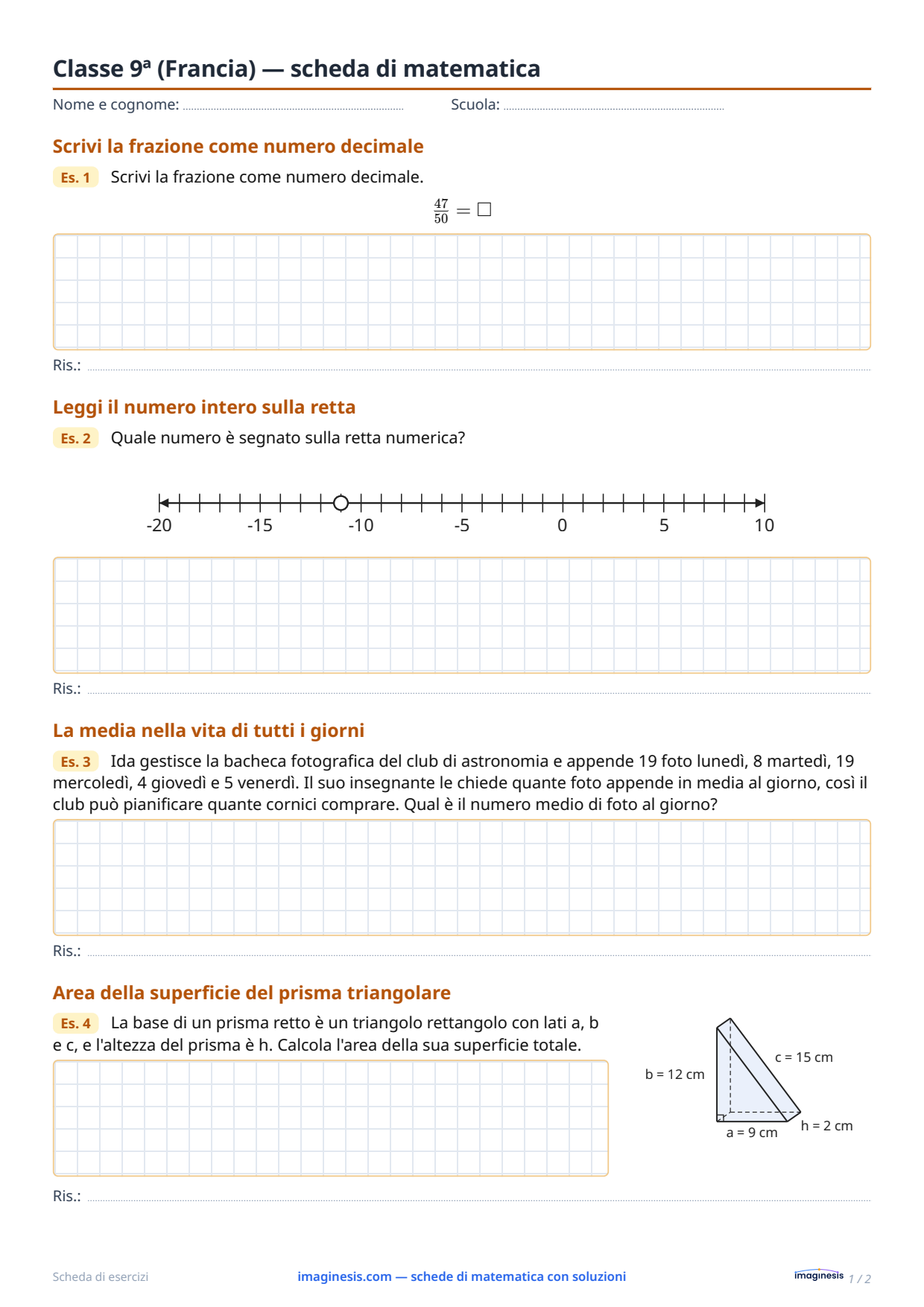 Classe 9ª (Francia) — scheda di matematica — Scheda dello studente: scheda di matematica da stampare (Classe 9ª, Francia)