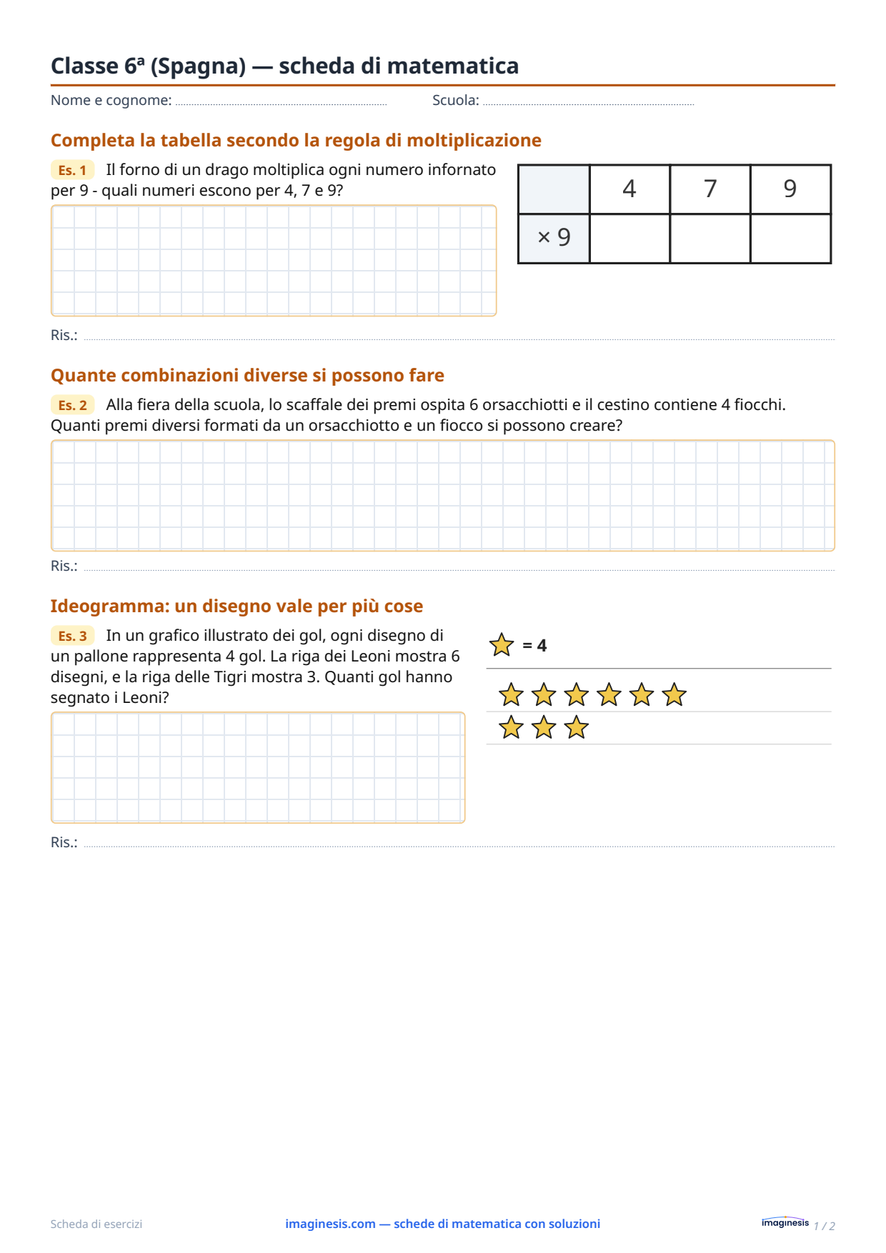 Classe 6ª (Spagna) — scheda di matematica — Scheda dello studente: scheda di matematica da stampare (Classe 6ª, Spagna)