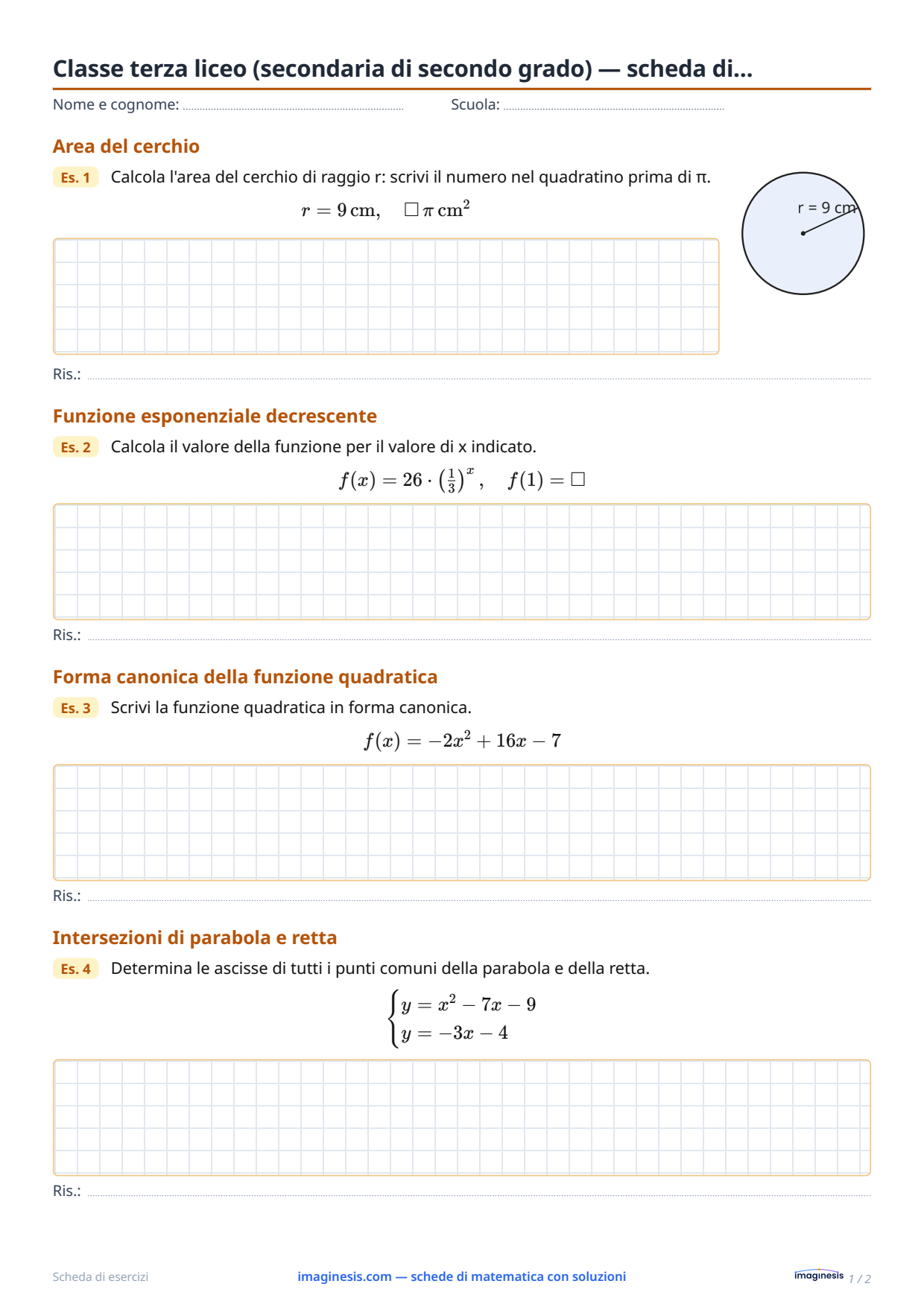 Classe terza liceo (secondaria di secondo grado) — scheda di… — Scheda dello studente: scheda di matematica da stampare (Classe terza liceo (secondaria di secondo grado), Italia)