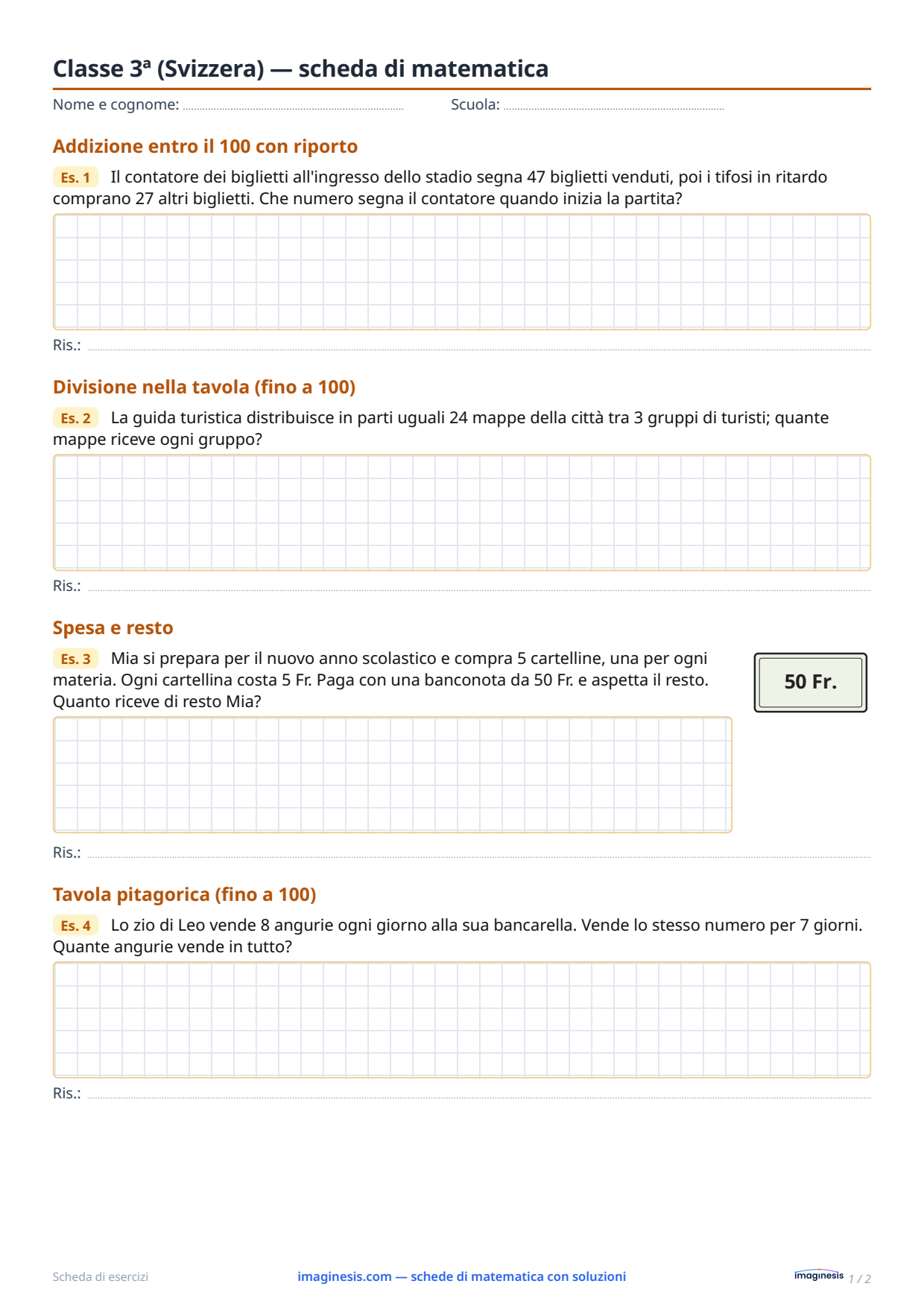 Classe 3ª (Svizzera) — scheda di matematica — Scheda dello studente: scheda di matematica da stampare (Classe 3ª, Svizzera)
