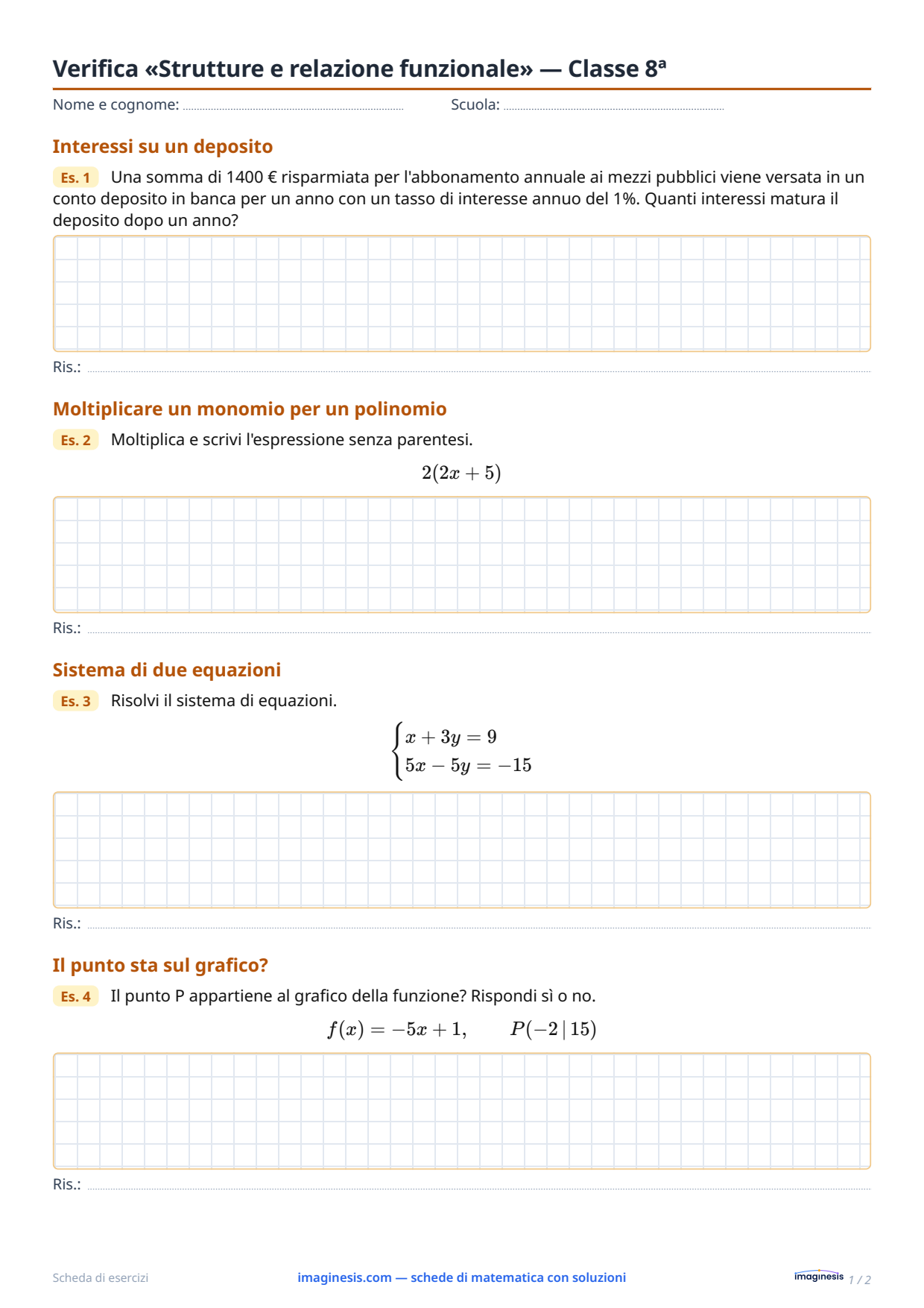 Verifica «Strutture e relazione funzionale» — Classe 8ª — Scheda dello studente: scheda di matematica da stampare (Classe 8ª, Germania)