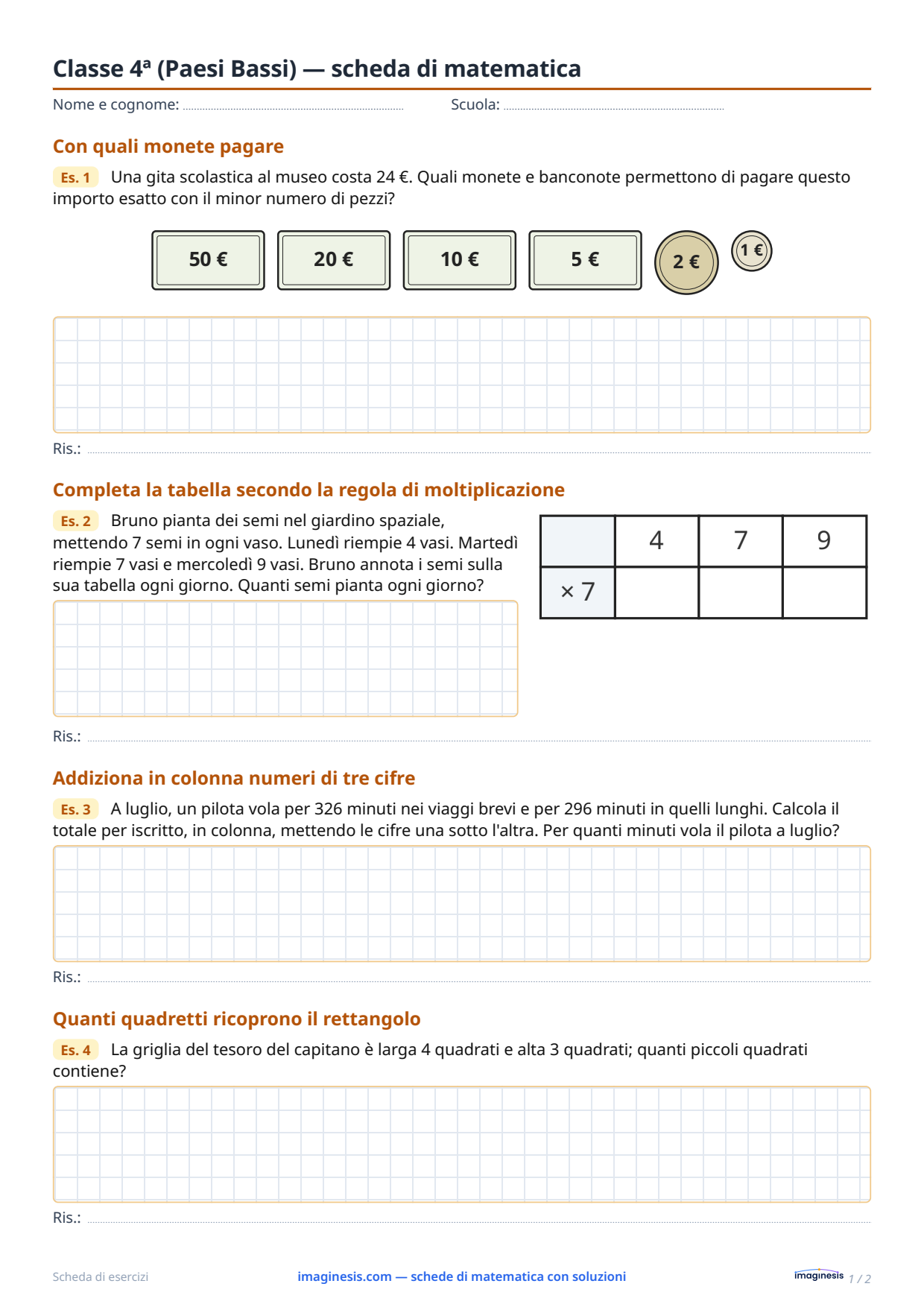 Classe 4ª (Paesi Bassi) — scheda di matematica — Scheda dello studente: scheda di matematica da stampare (Classe 4ª, Paesi Bassi)