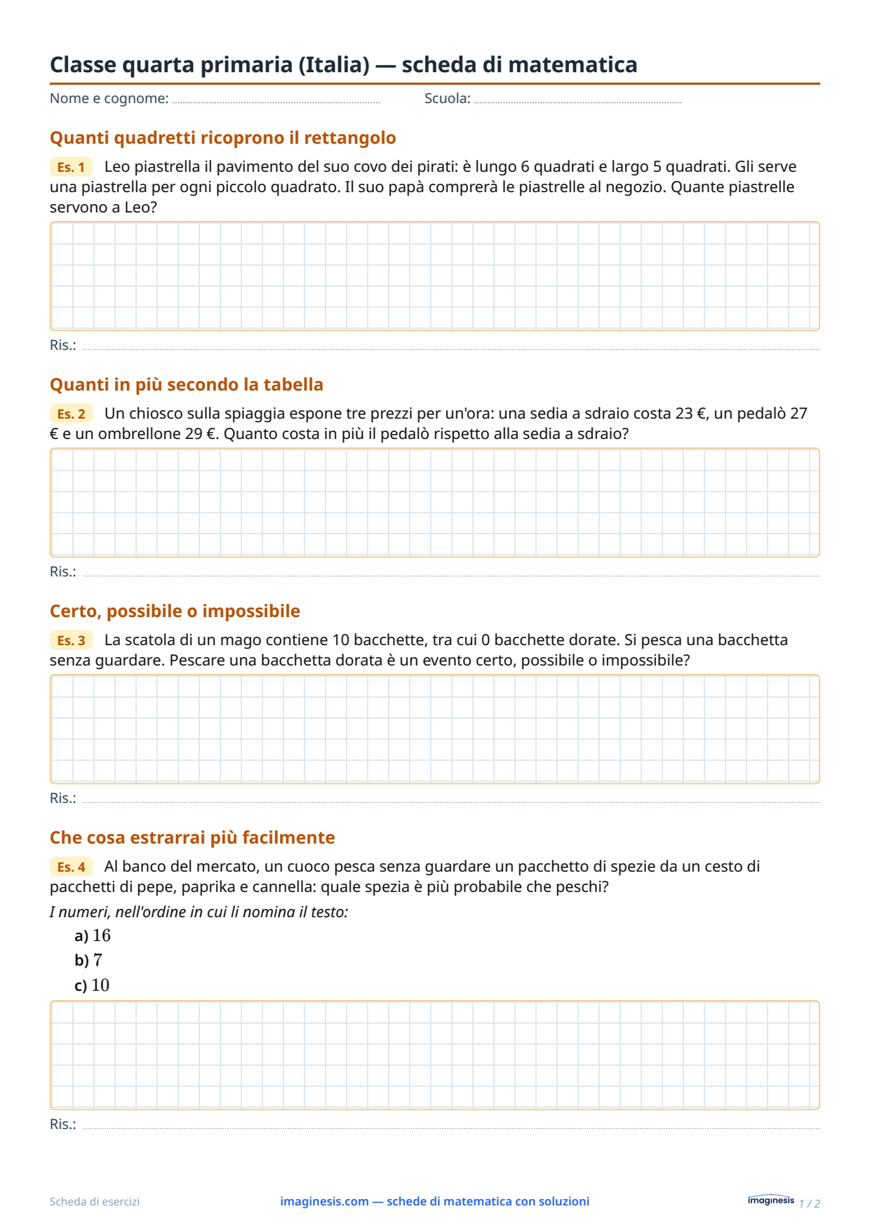Classe quarta primaria (Italia) — scheda di matematica — Scheda dello studente: scheda di matematica da stampare (Classe quarta primaria, Italia)
