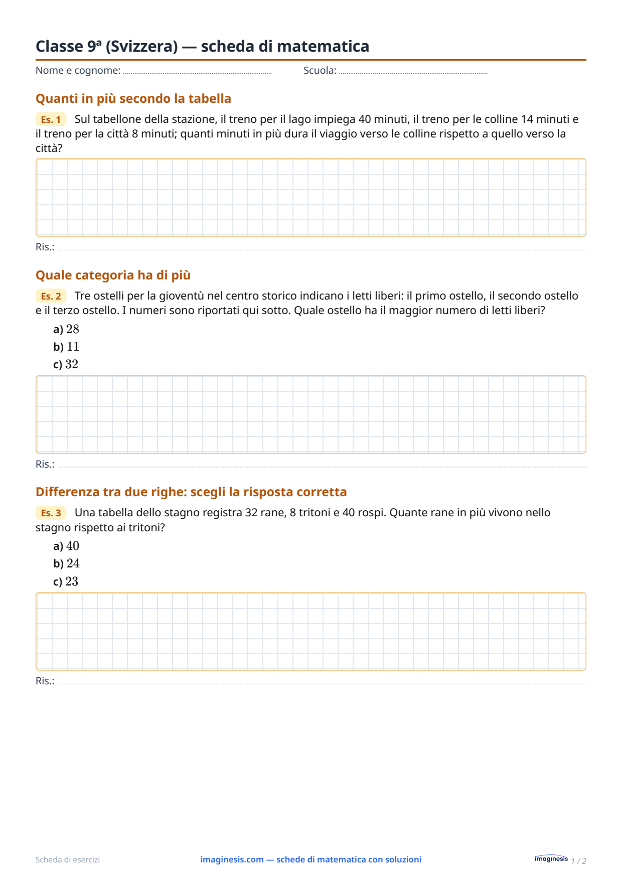 Classe 9ª (Svizzera) — scheda di matematica — Scheda dello studente: scheda di matematica da stampare (Classe 9ª, Svizzera)