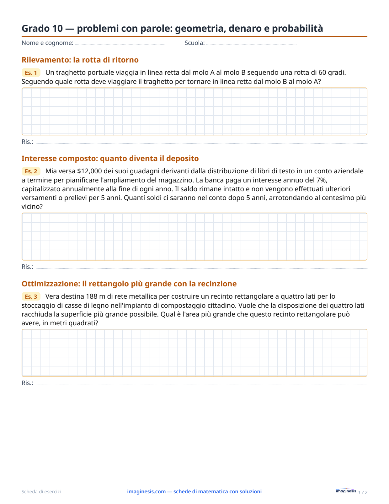 Grado 10 — problemi con parole: geometria, denaro e probabilità — Scheda dello studente: scheda di matematica da stampare (Classe 10ª, Stati Uniti)