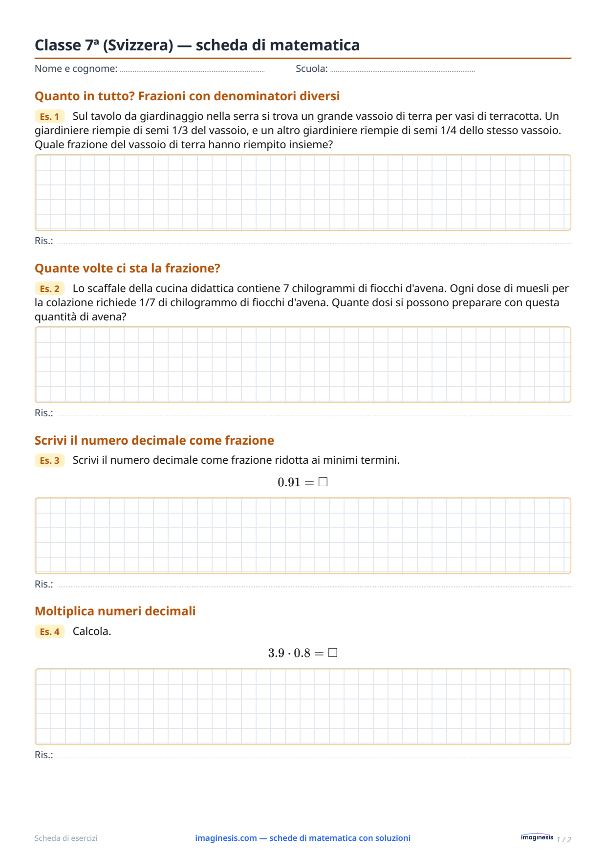 Classe 7ª (Svizzera) — scheda di matematica — Scheda dello studente: scheda di matematica da stampare (Classe 7ª, Svizzera)