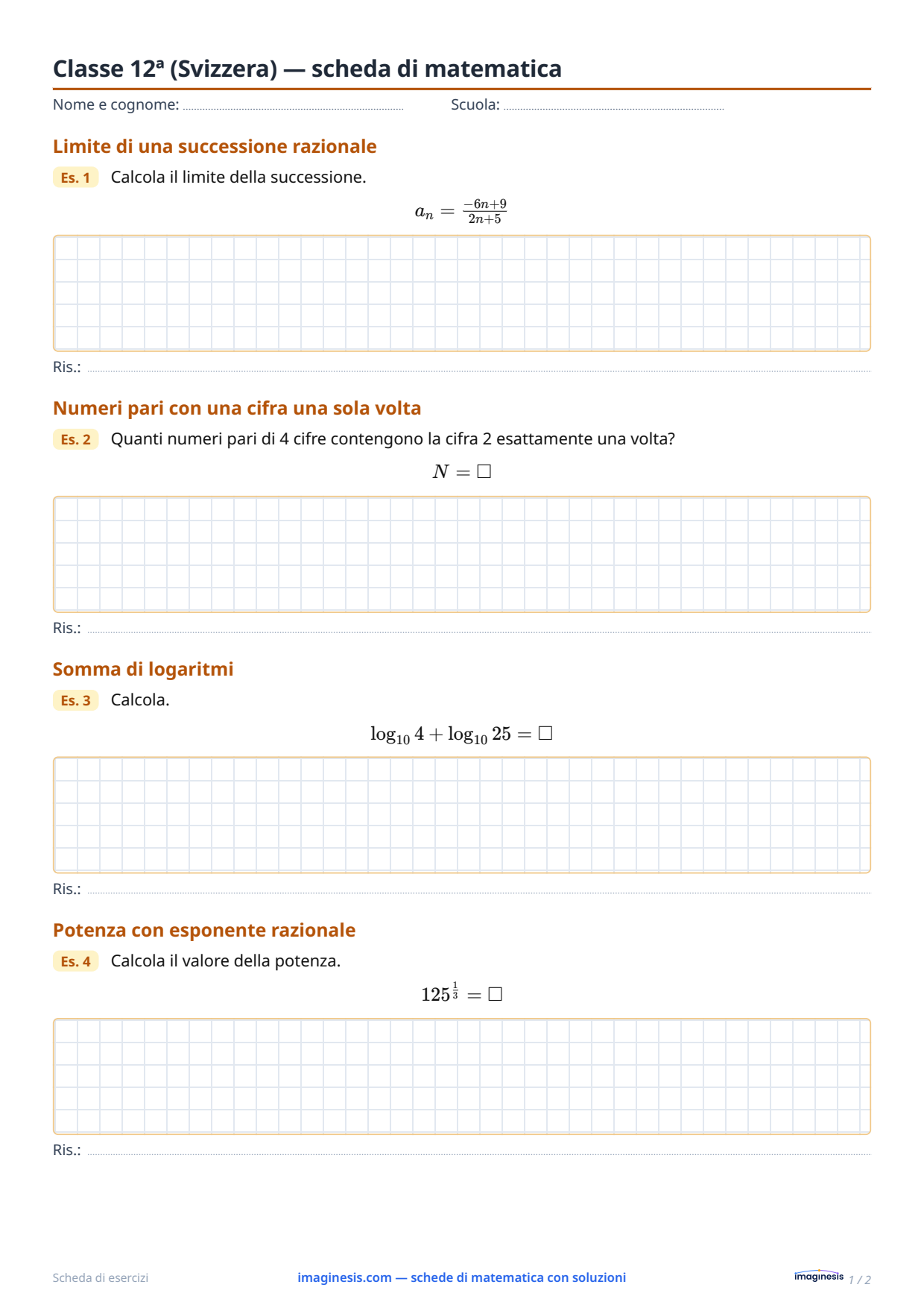 Classe 12ª (Svizzera) — scheda di matematica — Scheda dello studente: scheda di matematica da stampare (Classe 12ª, Svizzera)