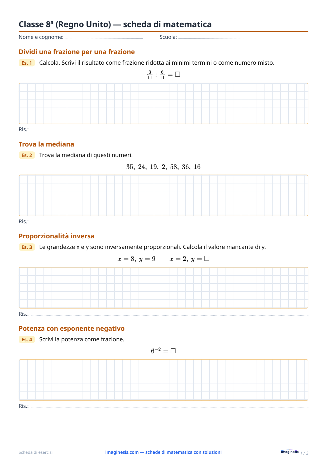 Classe 8ª (Regno Unito) — scheda di matematica — Scheda dello studente: scheda di matematica da stampare (Classe 8ª, Regno Unito)