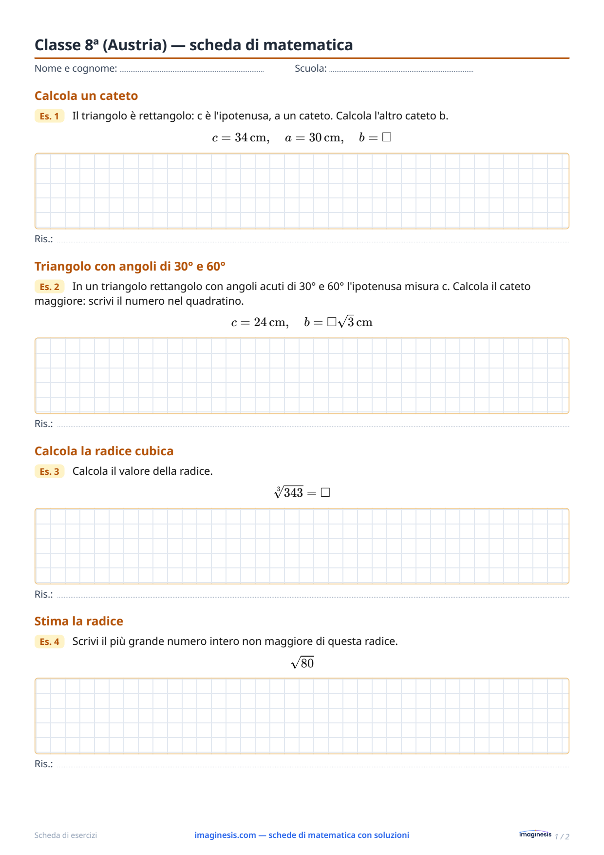 Classe 8ª (Austria) — scheda di matematica — Scheda dello studente: scheda di matematica da stampare (Classe 8ª, Austria)