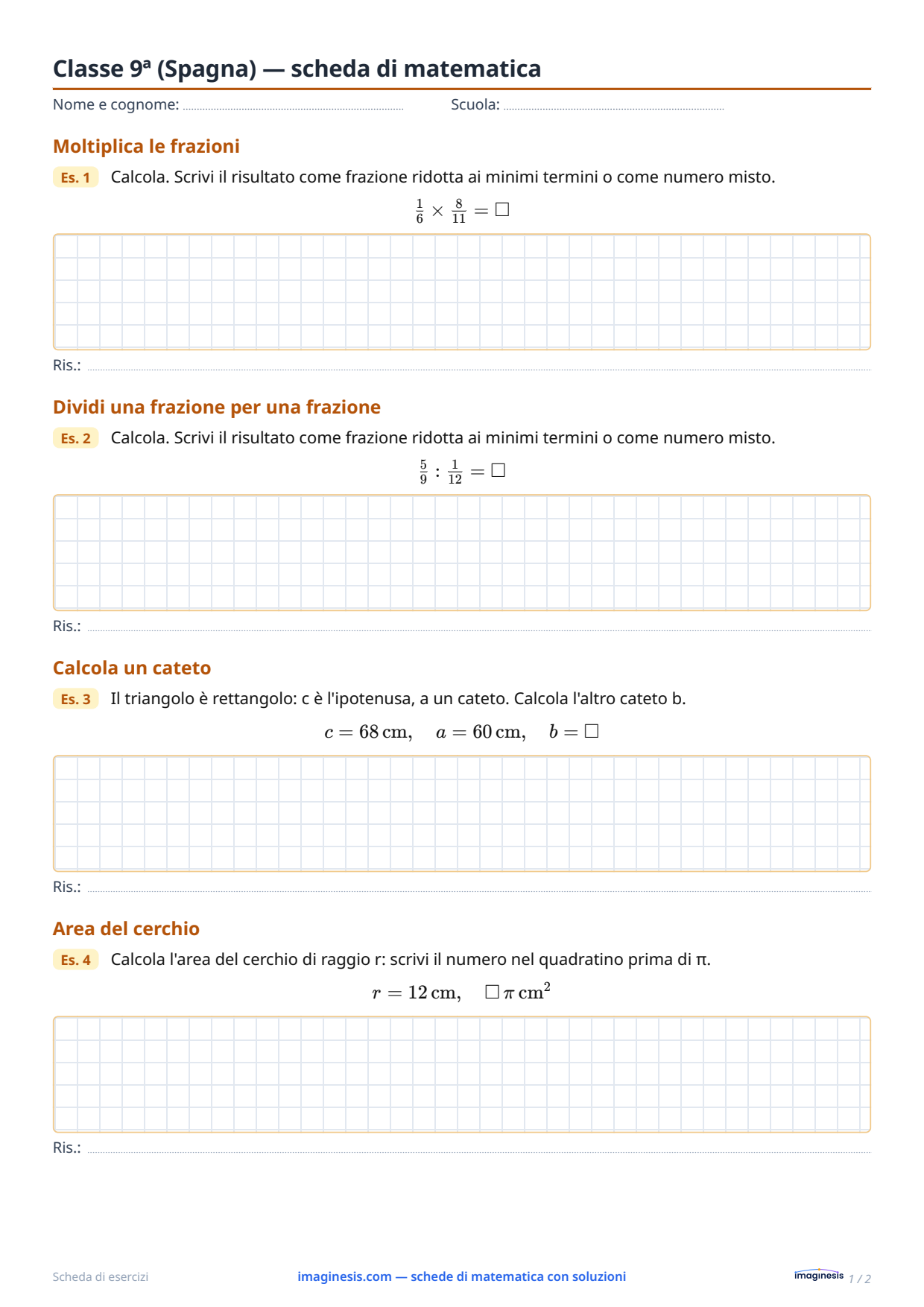 Classe 9ª (Spagna) — scheda di matematica — Scheda dello studente: scheda di matematica da stampare (Classe 9ª, Spagna)