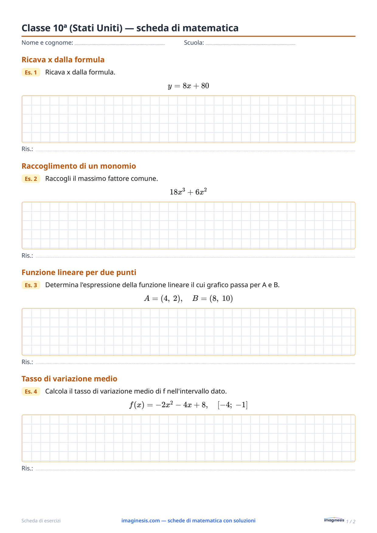 Classe 10ª (Stati Uniti) — scheda di matematica — Scheda dello studente: scheda di matematica da stampare (Classe 10ª, Stati Uniti)