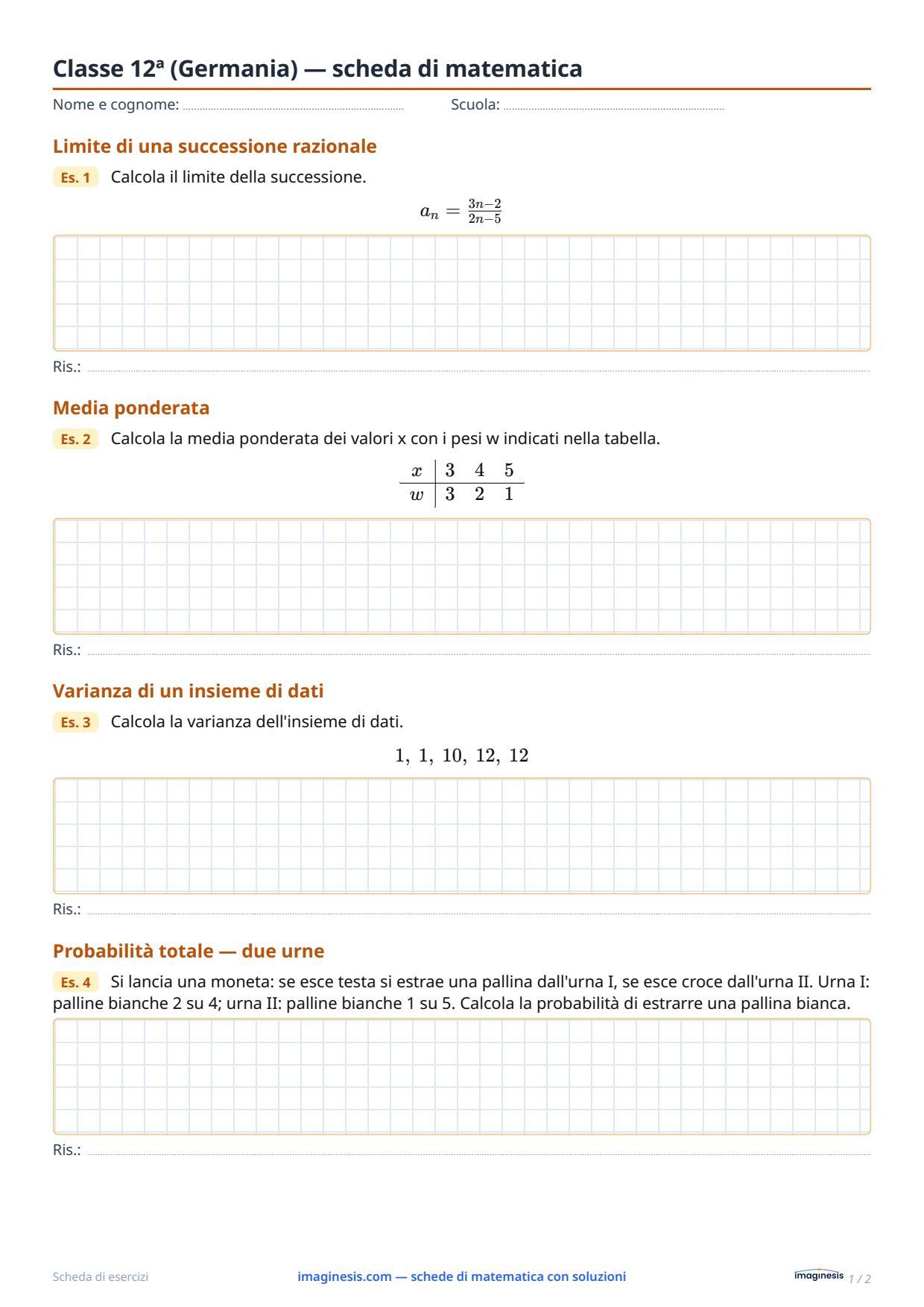 Classe 12ª (Germania) — scheda di matematica — Scheda dello studente: scheda di matematica da stampare (Classe 12ª, Germania)