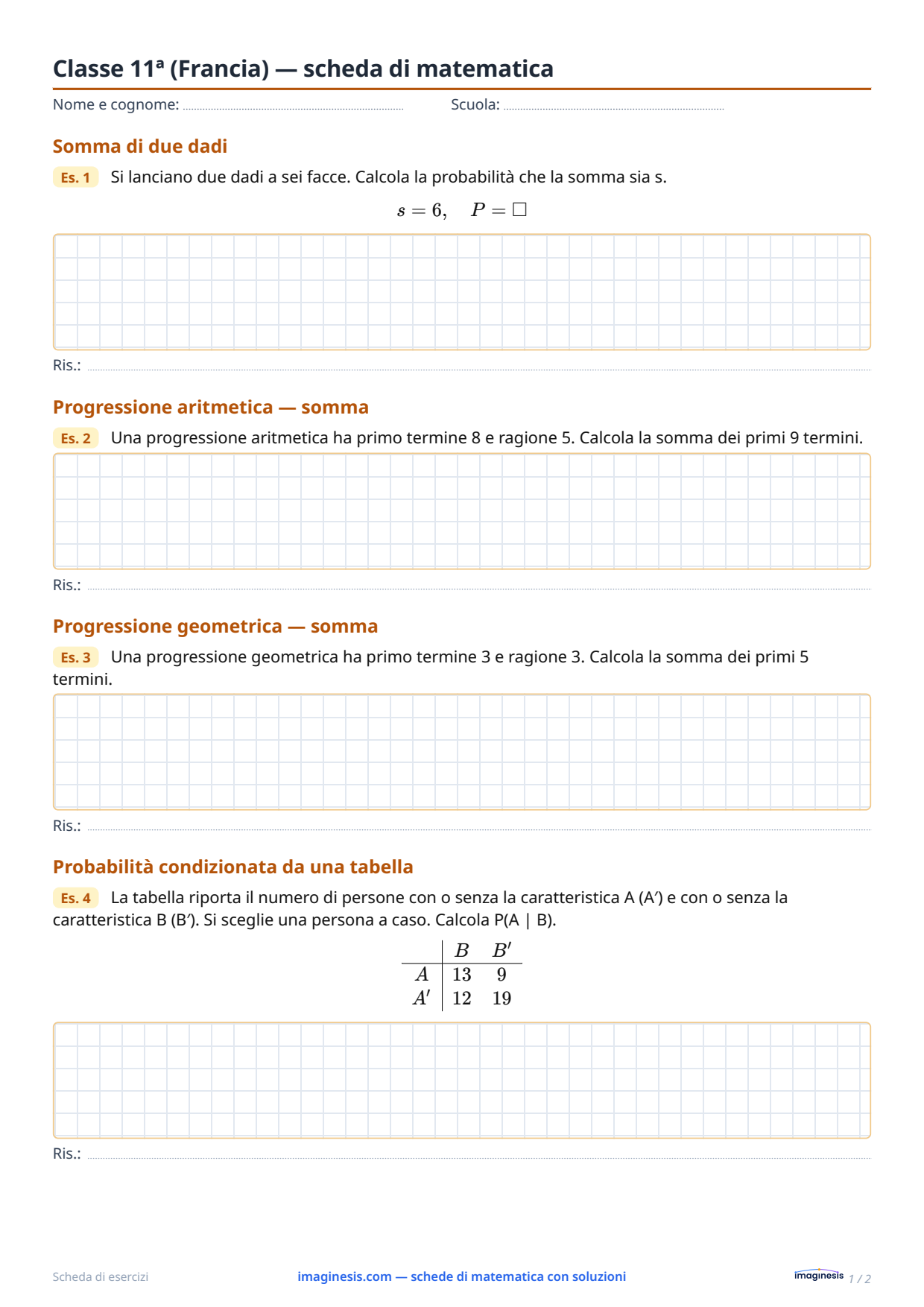 Classe 11ª (Francia) — scheda di matematica — Scheda dello studente: scheda di matematica da stampare (Classe 11ª, Francia)