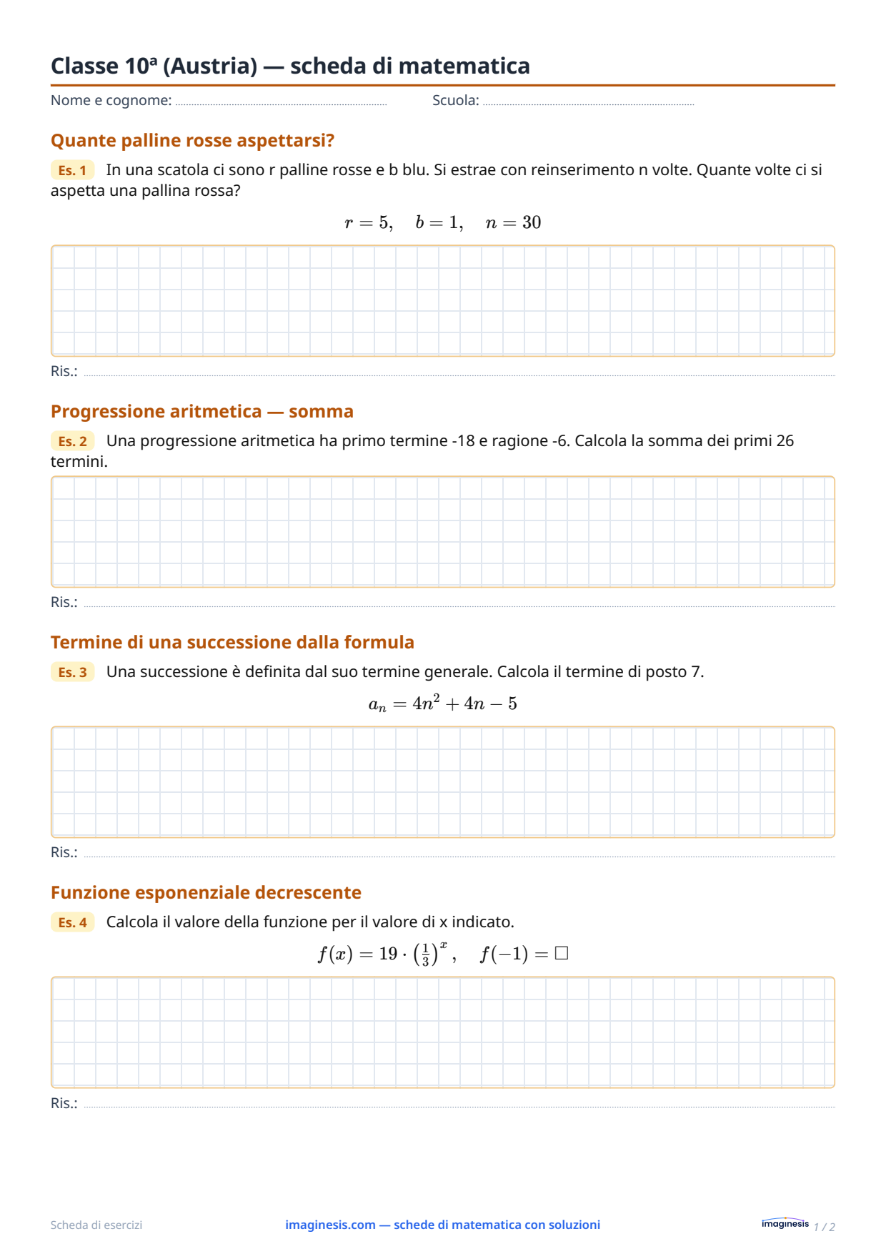 Classe 10ª (Austria) — scheda di matematica — Scheda dello studente: scheda di matematica da stampare (Classe 10ª, Austria)
