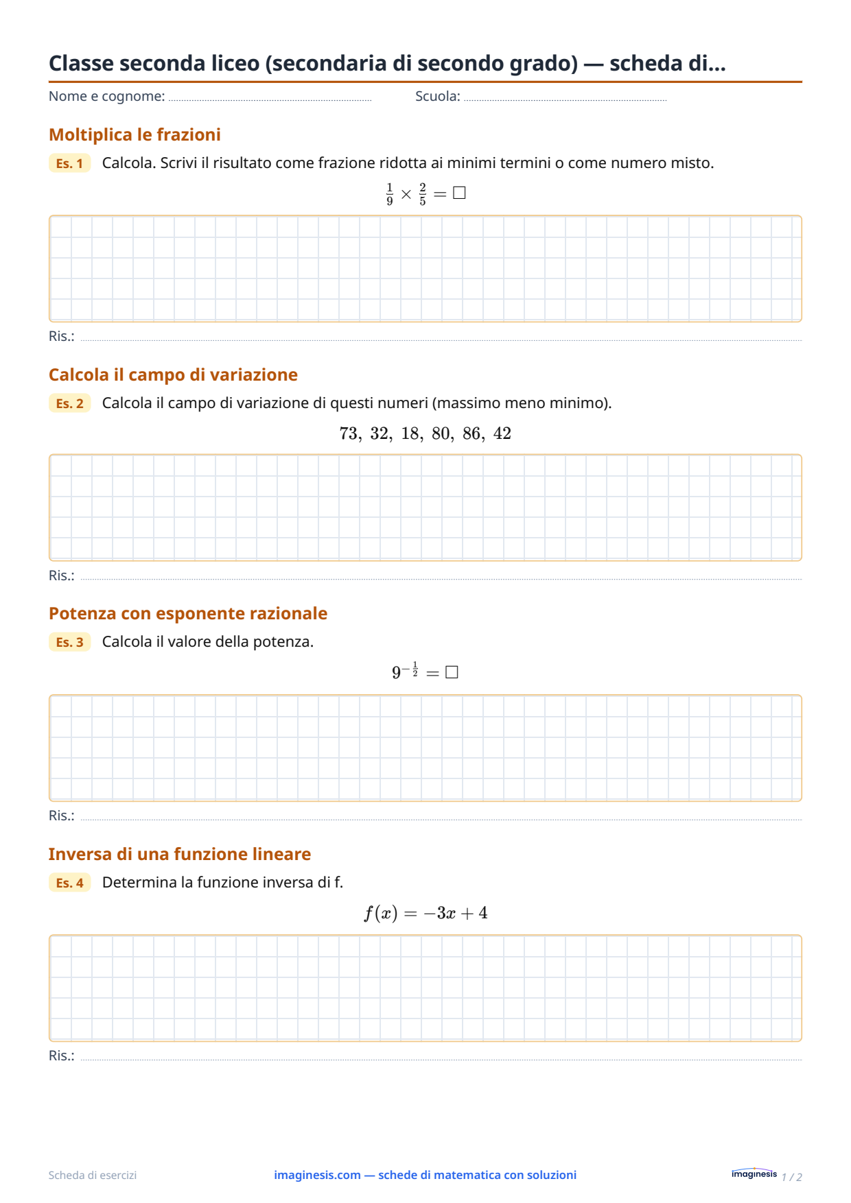 Classe seconda liceo (secondaria di secondo grado) — scheda di… — Scheda dello studente: scheda di matematica da stampare (Classe seconda liceo (secondaria di secondo grado), Italia)