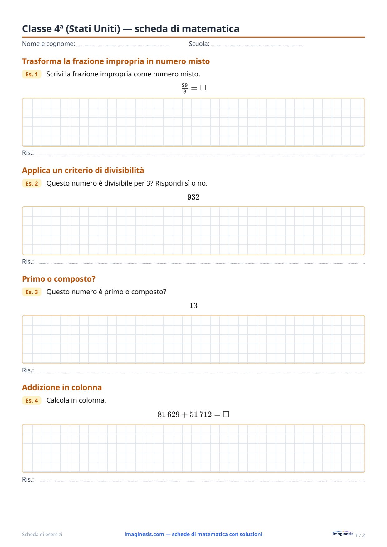 Classe 4ª (Stati Uniti) — scheda di matematica — Scheda dello studente: scheda di matematica da stampare (Classe 4ª, Stati Uniti)