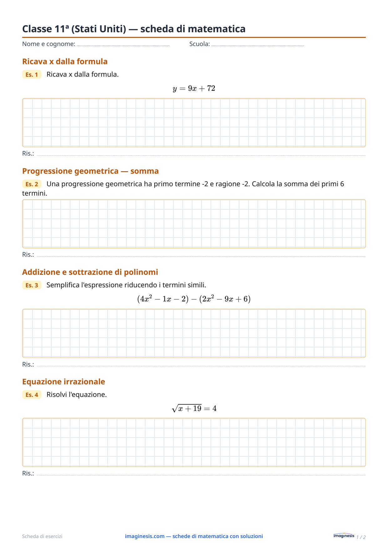 Classe 11ª (Stati Uniti) — scheda di matematica — Scheda dello studente: scheda di matematica da stampare (Classe 11ª, Stati Uniti)
