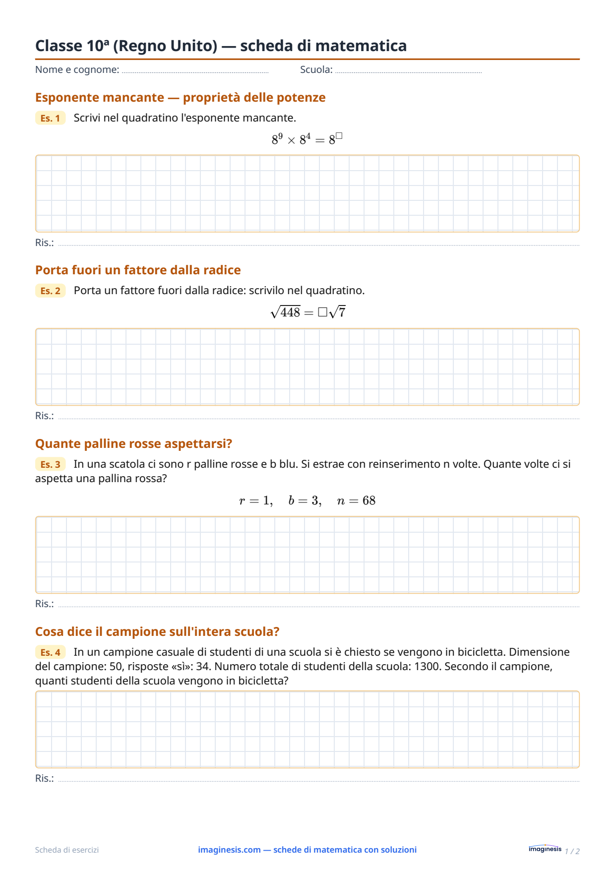 Classe 10ª (Regno Unito) — scheda di matematica — Scheda dello studente: scheda di matematica da stampare (Classe 10ª, Regno Unito)