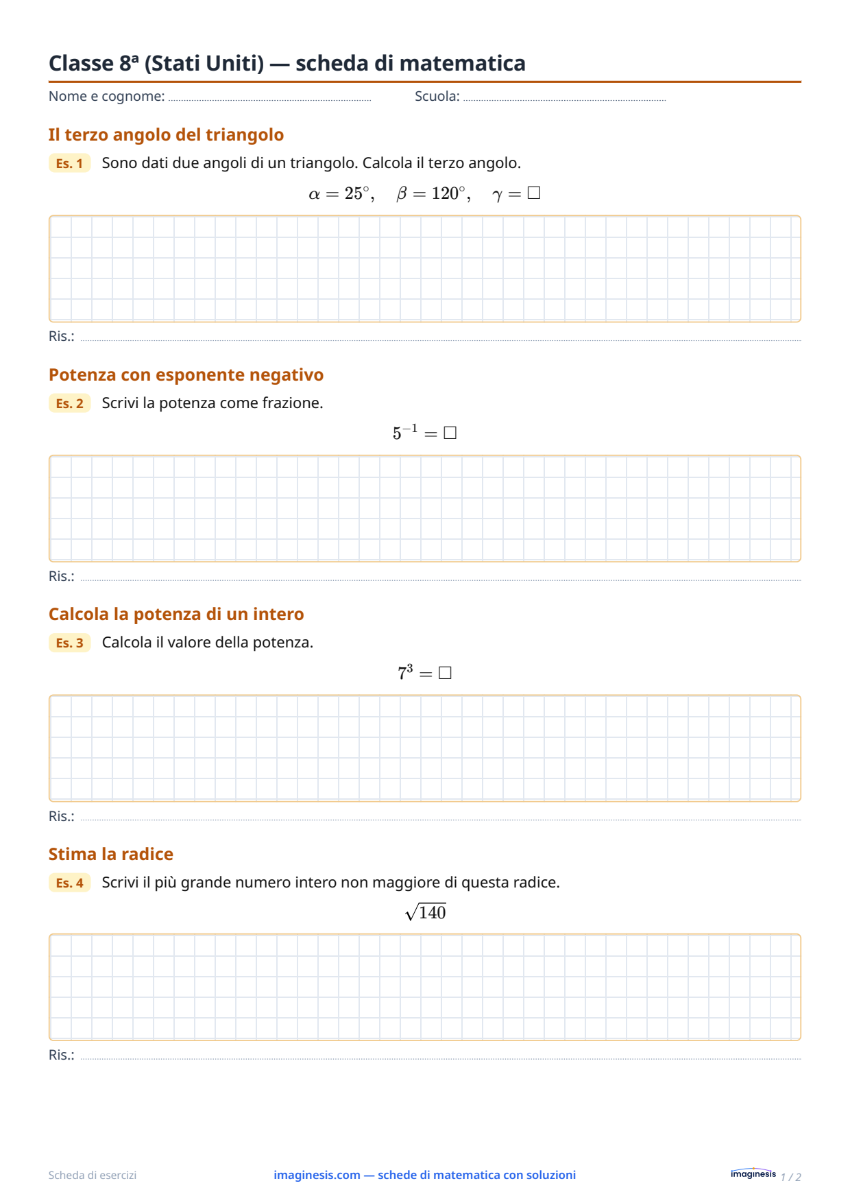 Classe 8ª (Stati Uniti) — scheda di matematica — Scheda dello studente: scheda di matematica da stampare (Classe 8ª, Stati Uniti)