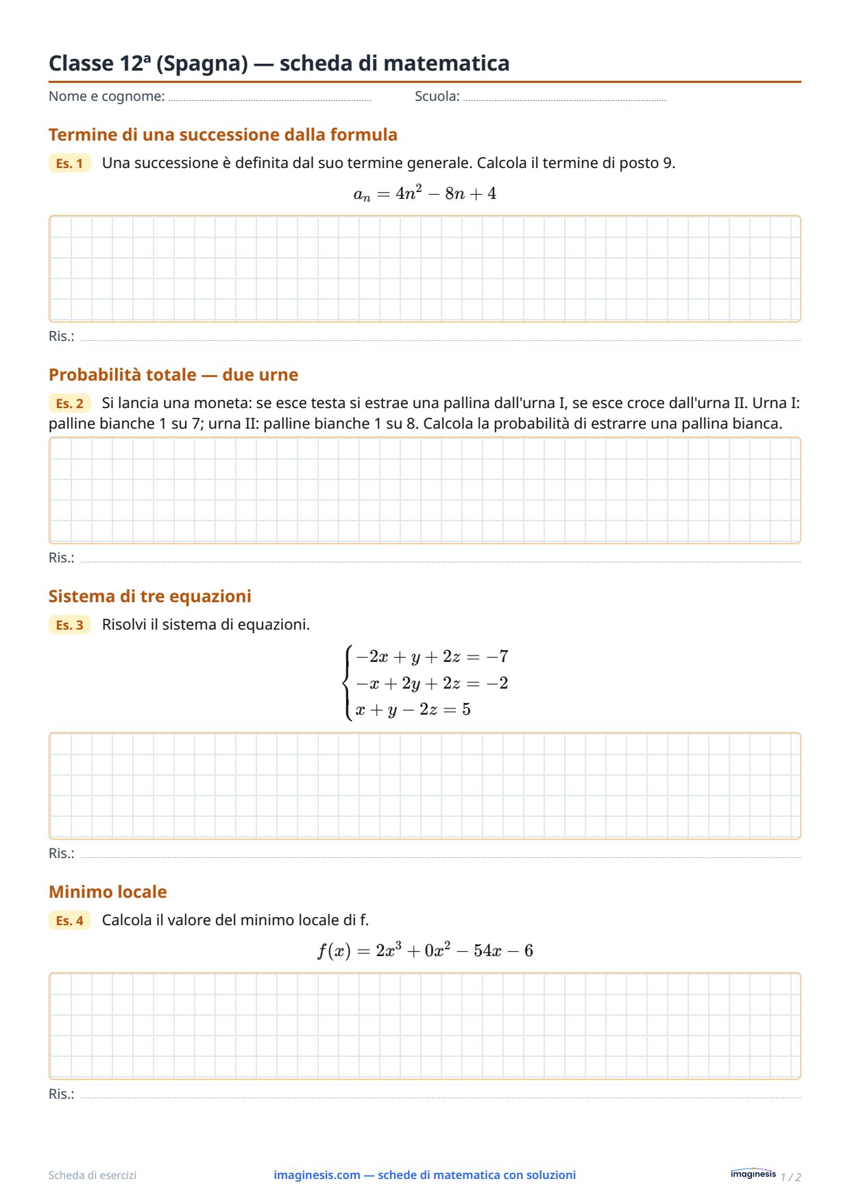 Classe 12ª (Spagna) — scheda di matematica — Scheda dello studente: scheda di matematica da stampare (Classe 12ª, Spagna)